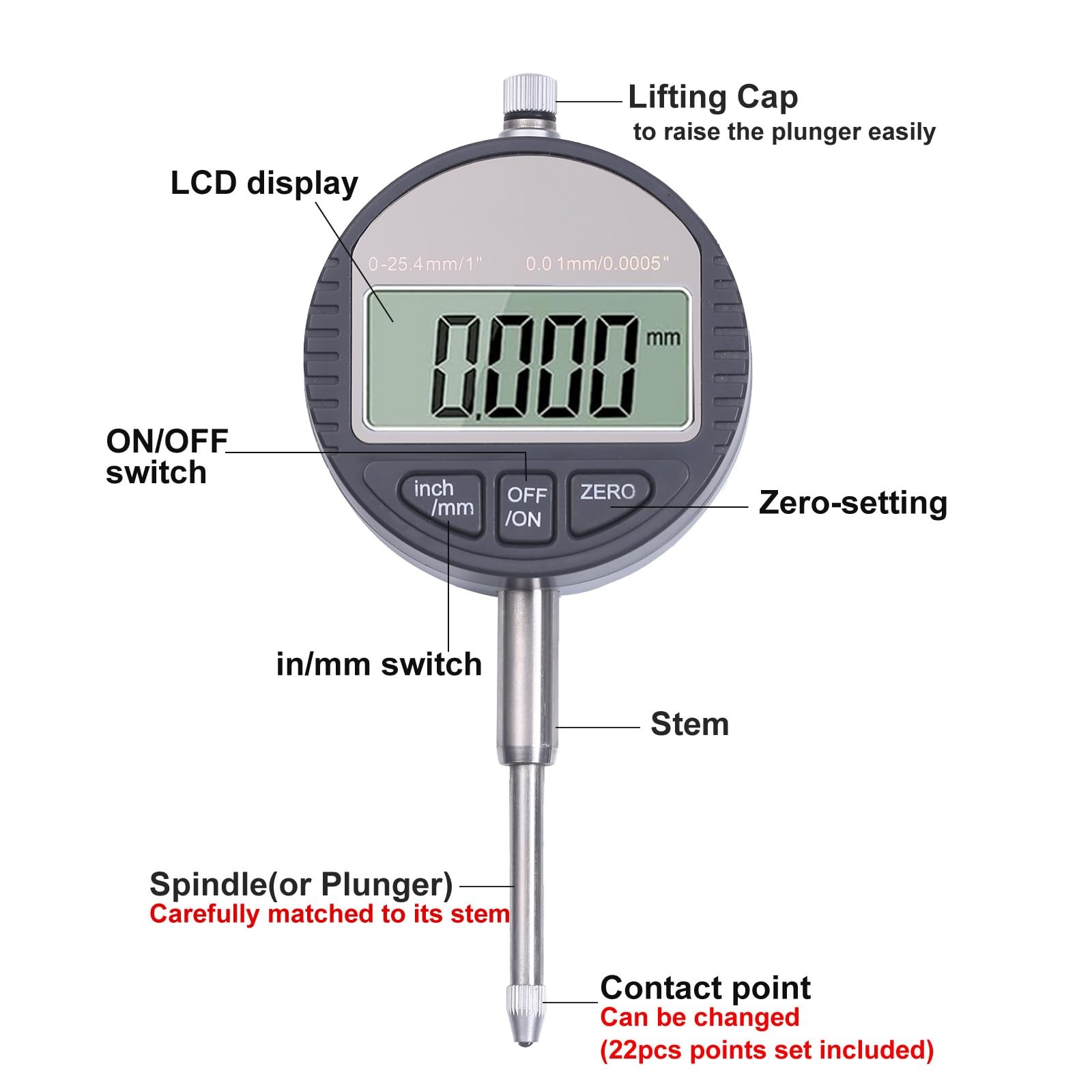 Qnkaa Electronic Digital Dial Indicator 0-1" / 25.4mm