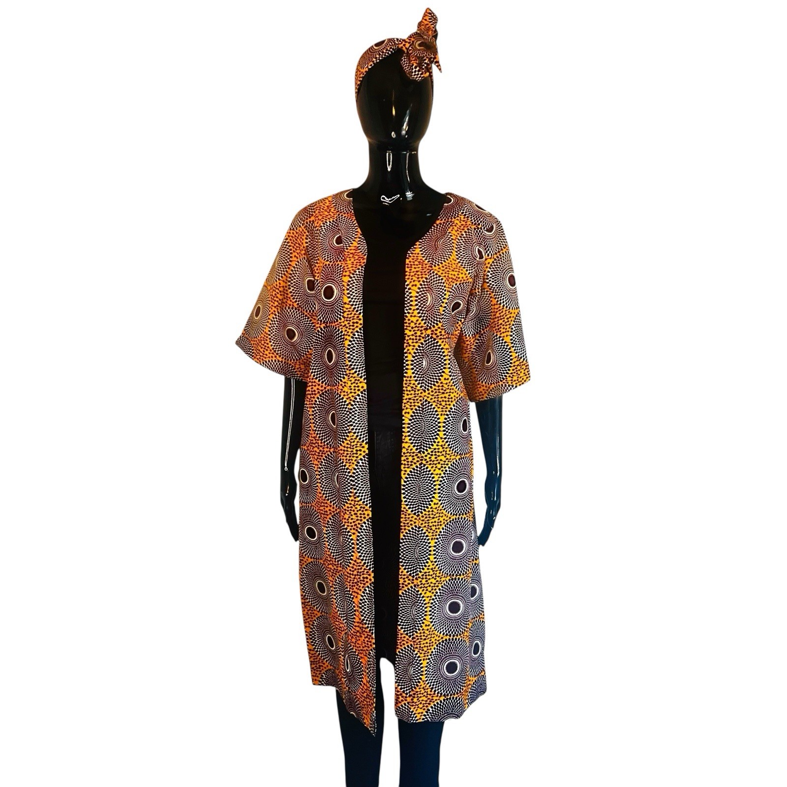 Orange & Brown Circular African Print Women Short Sleeve Duster/Cardigan & Scarf