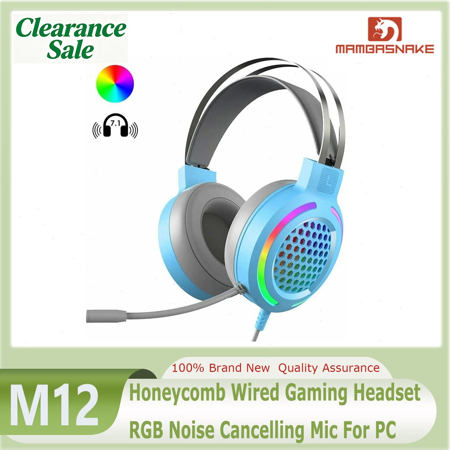 MAMBASNAKE M12 Honeycomb Wired Gaming Headset RGB Noise Cancelling Mic For PC