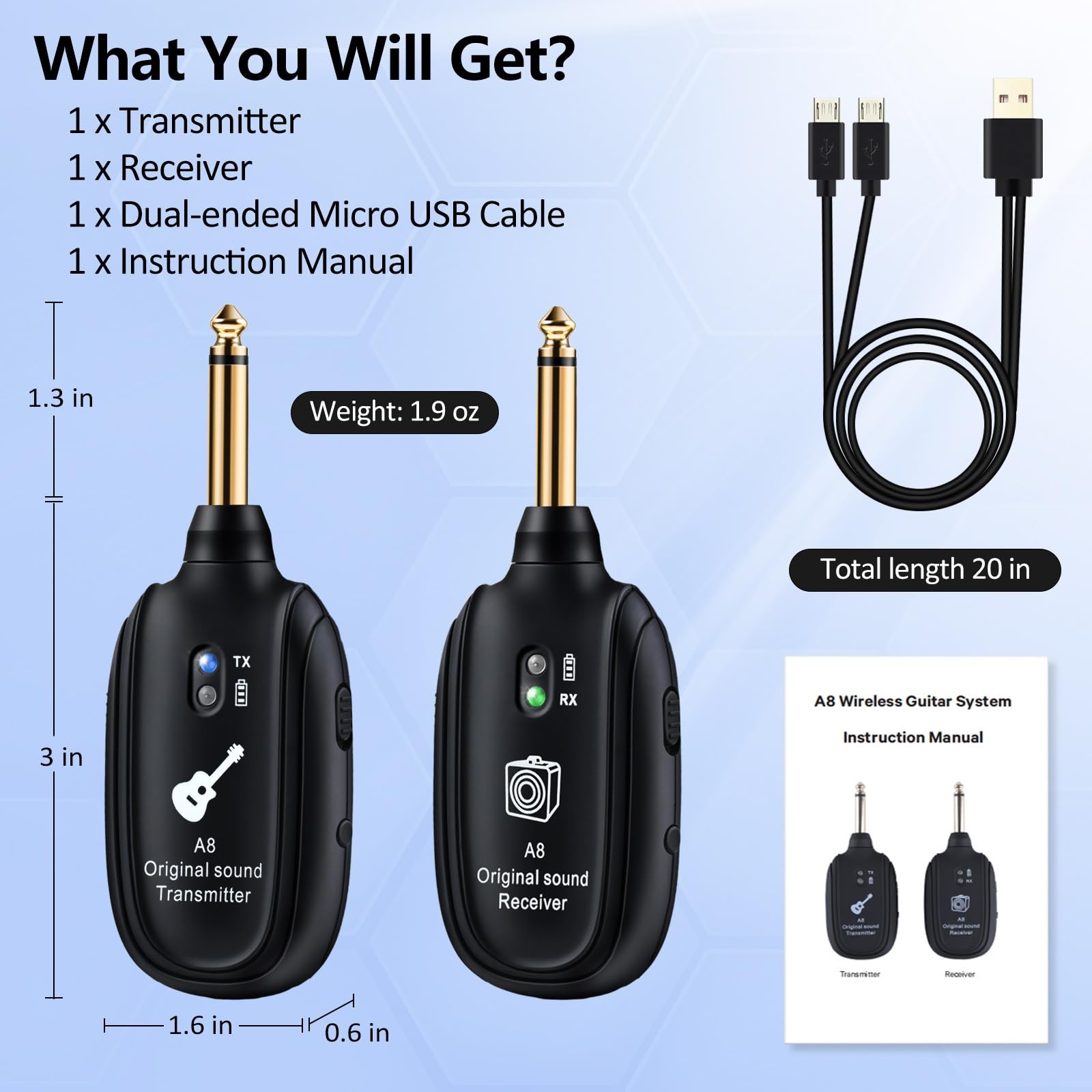 A8 Wireless Guitar System UHF 2 Modes, Rechargeable LiBattery, 100ft Range, P...