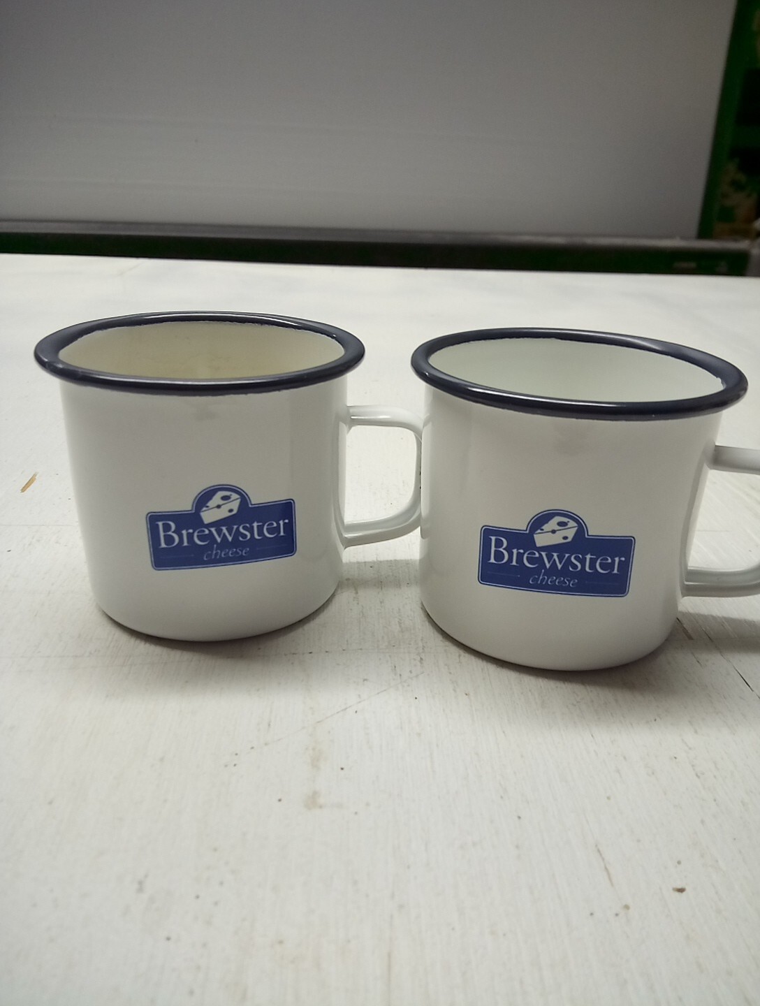 2-Enamel Mug/Cup Retro Tin Camping Mug Brewster's Cheese Advertising Blue