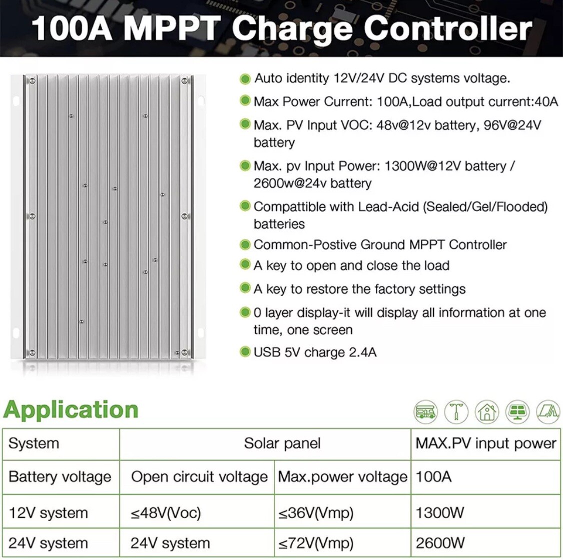 100A MPPT Solar Panel Regulator Charge Controller Auto 12V 24V T6