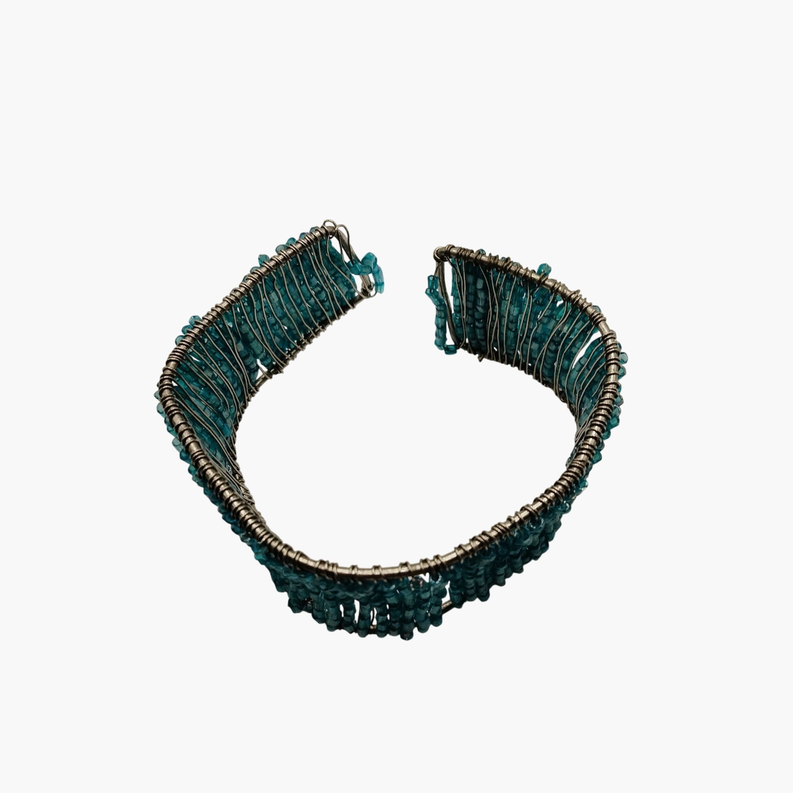 Beaded Cuff Bracelet Handcrafted Wire Wrapped Turquoise Adjustable Open Boho