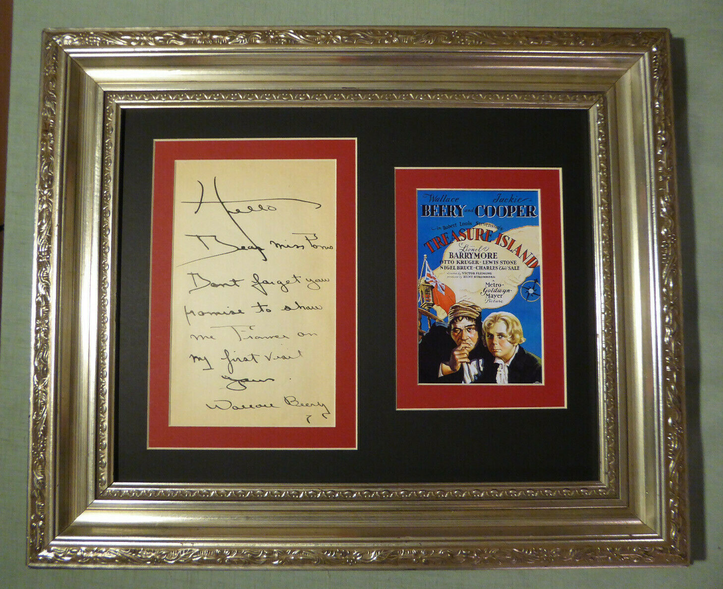 WALLACE BEERY A.L.S. ALL LETTER SIGNED TREASURE ISLAND DISPLAY AUTOGRAPHED COA