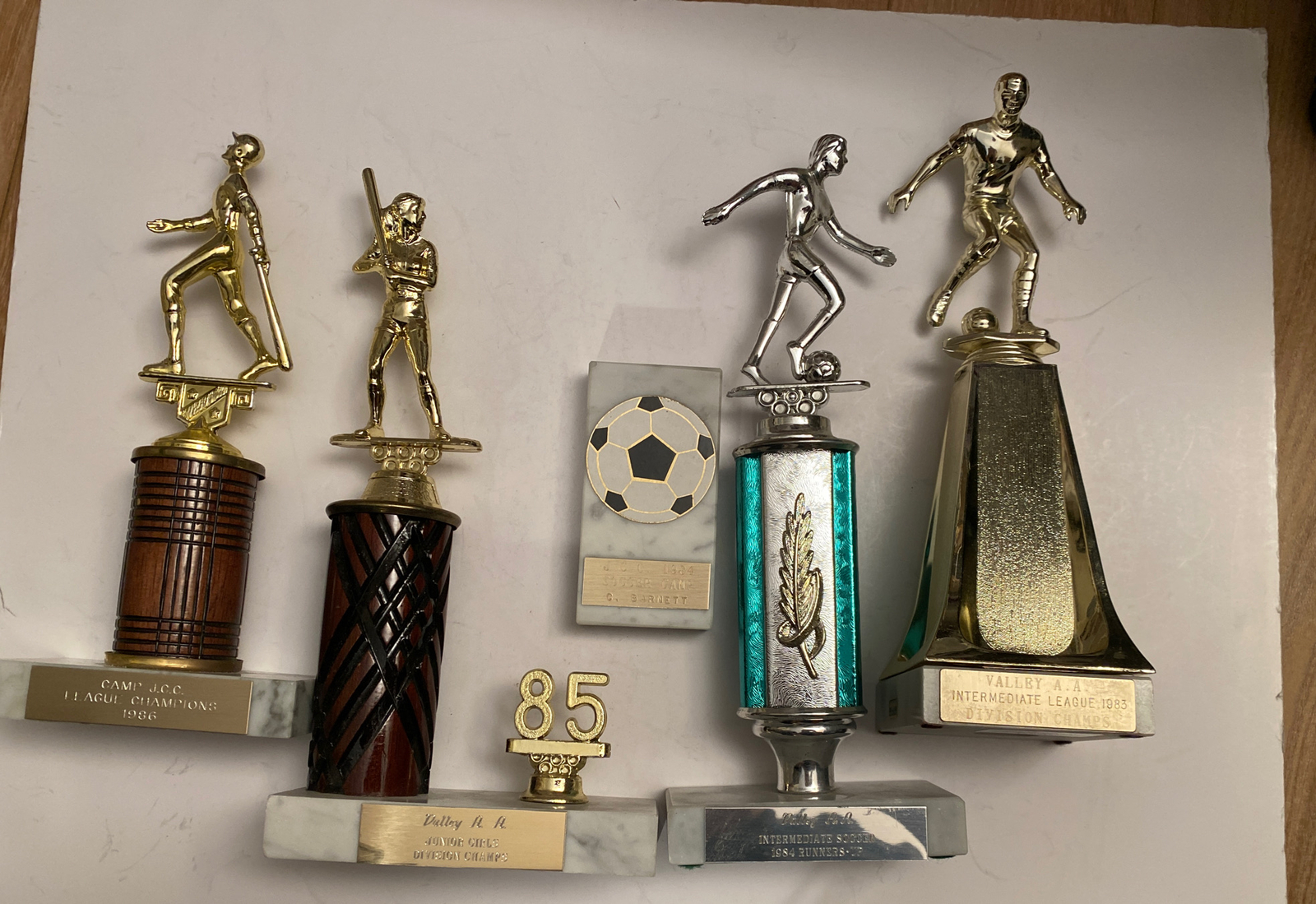 Lot Of 5 Youth Trophies, Soccer And Baseball, 1980’s