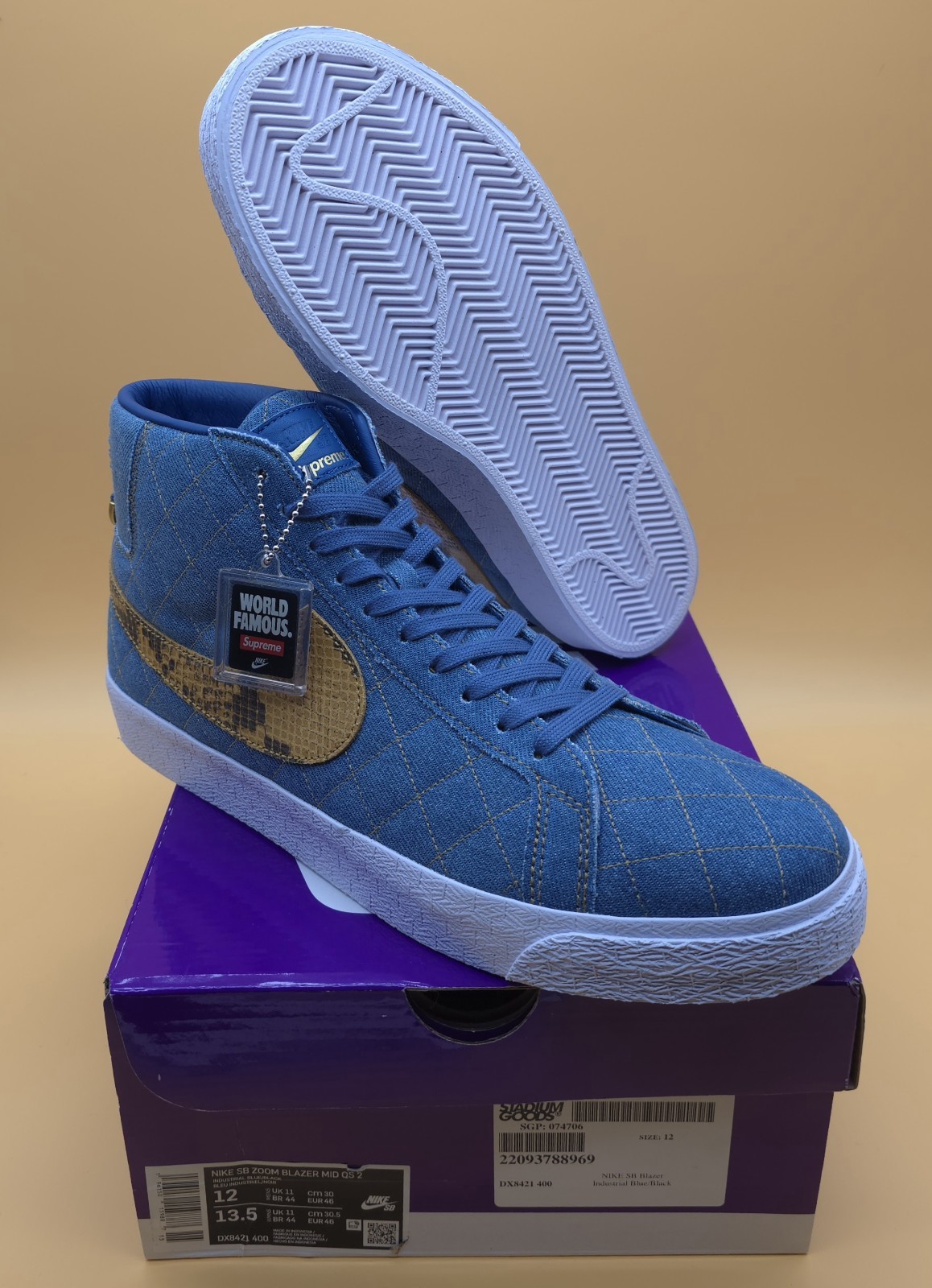 Nike SB Blazer Mid QS 2 Supreme Industrial Blue Black DX8421-400 Size 12M