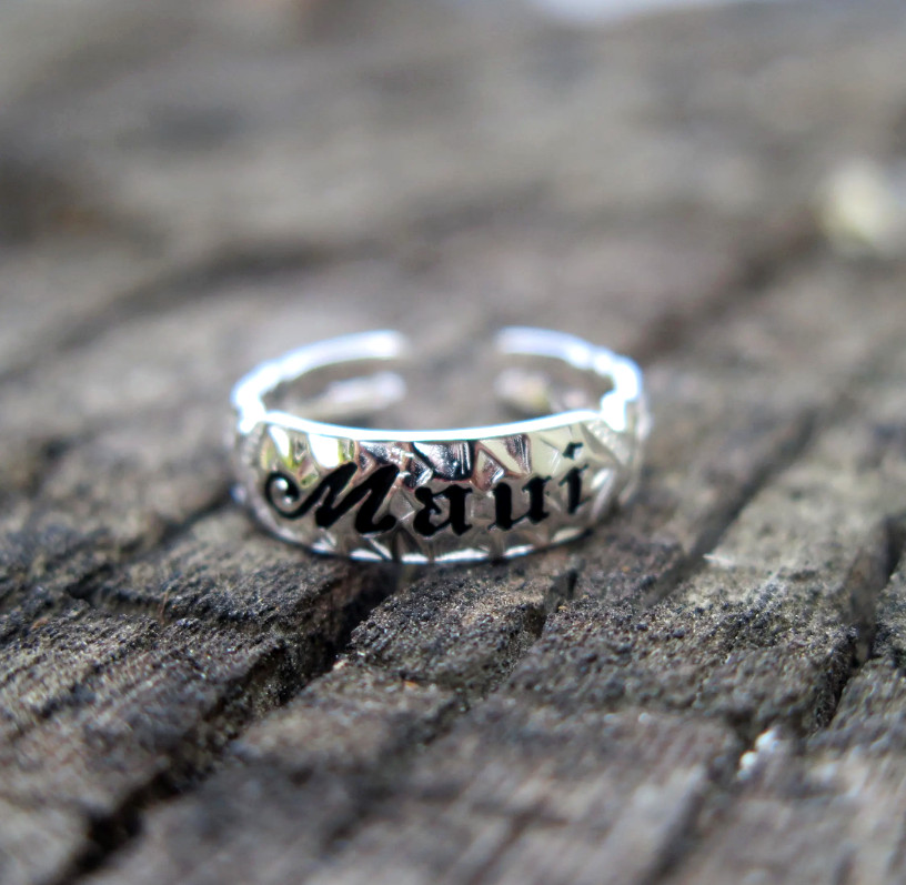 925 Sterling Silver Black Enamel Maui Engraved Hawaiian Scroll 4mm Band Toe Ring