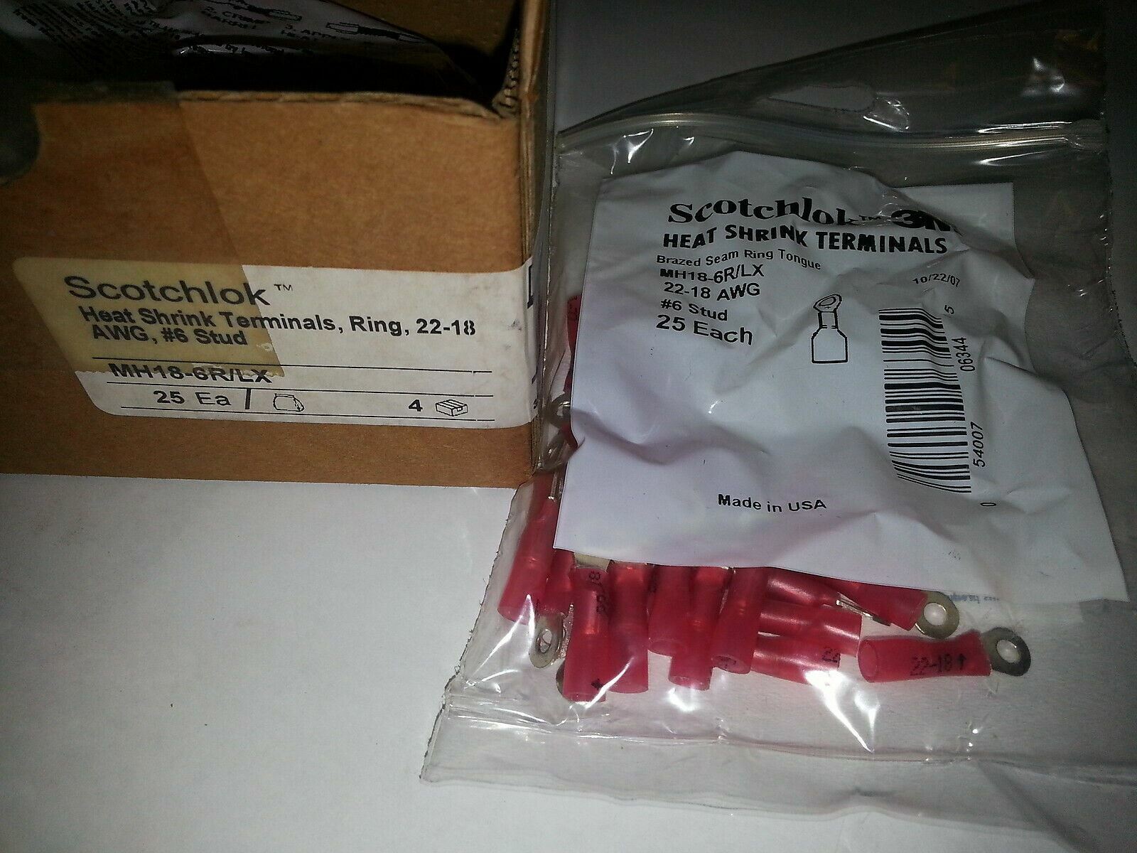 3M Scotchlok MH18-6R/LX Heat Shrink Ring Terminal 22-18 AWG #6 Stud Pack of 25