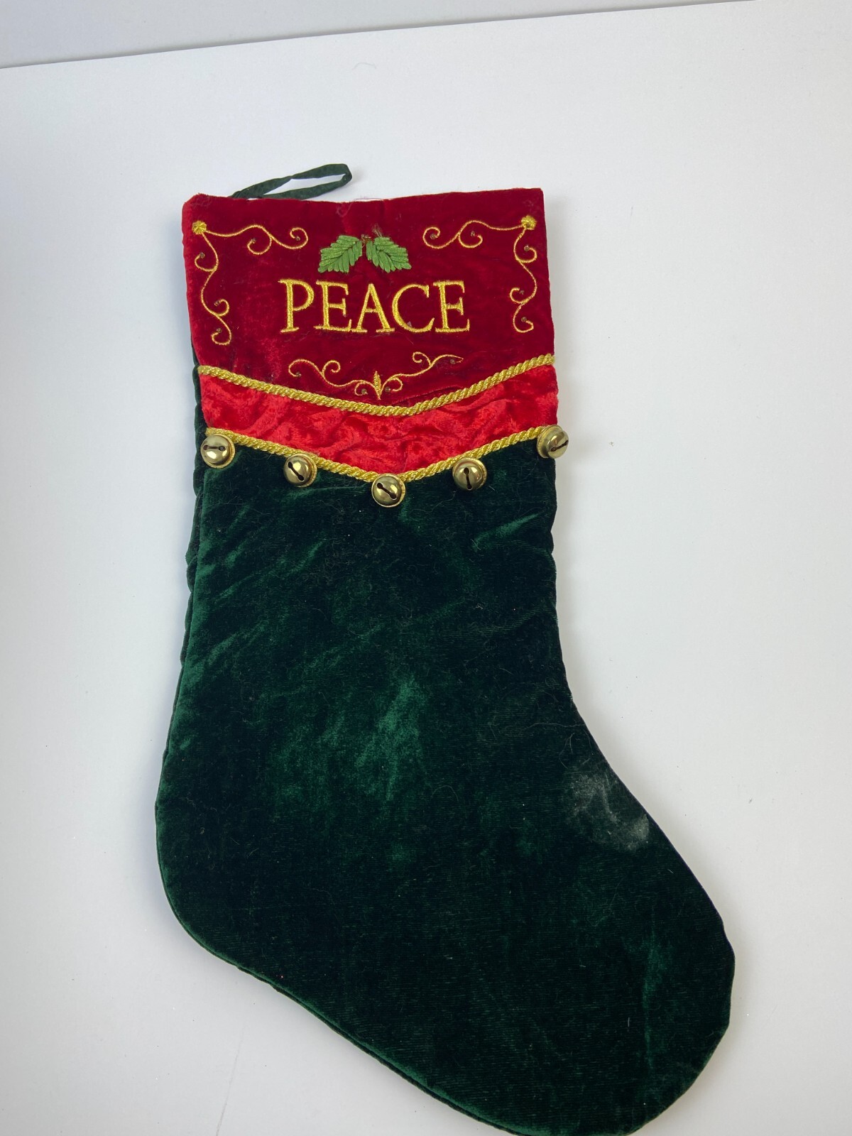 Beautiful Christmas Stocking 20" Peace Bells Polyurethane Green Red
