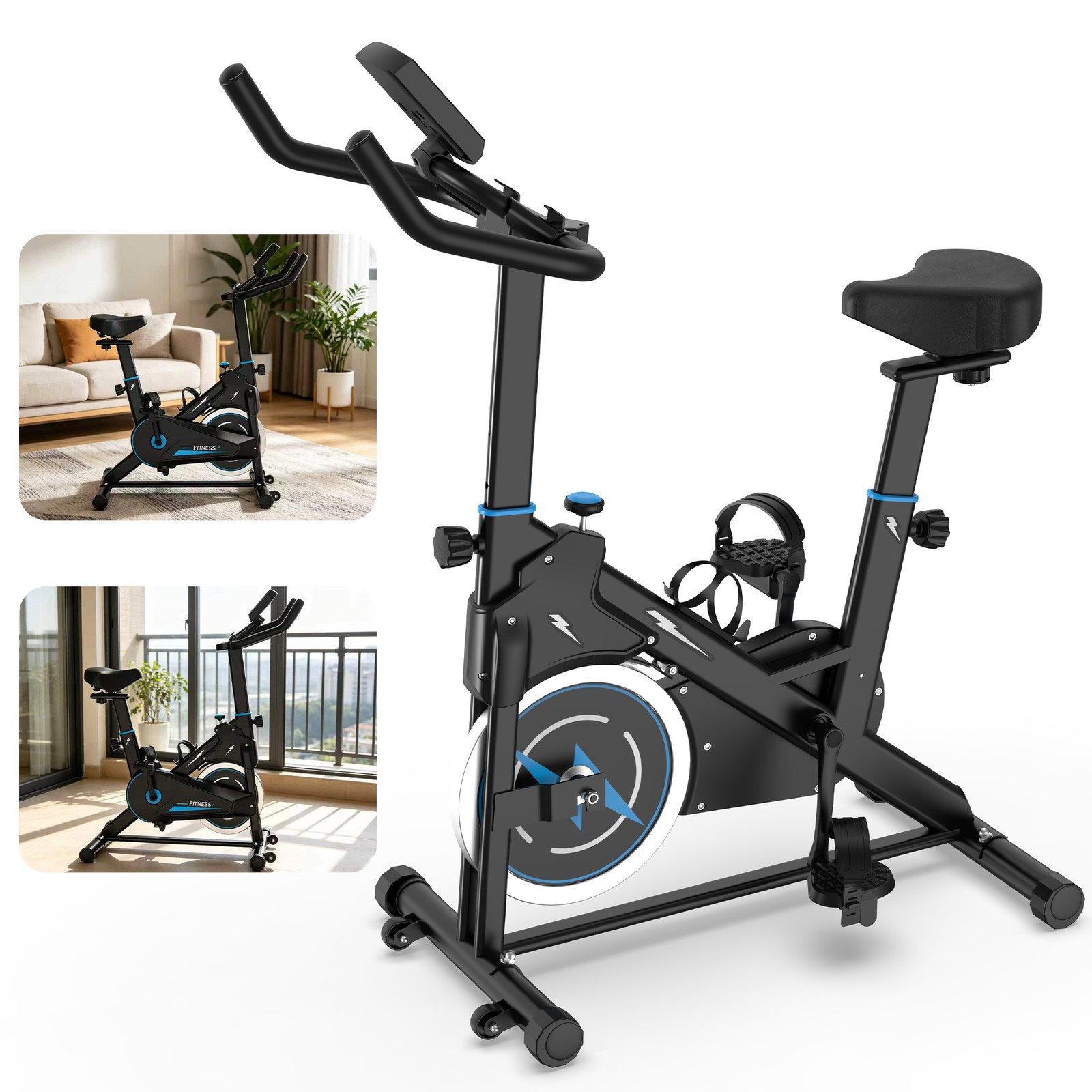Indoor Exercise Bike with Monitor, Adjustable Resistance, 37.8x19.7x46 in, Black