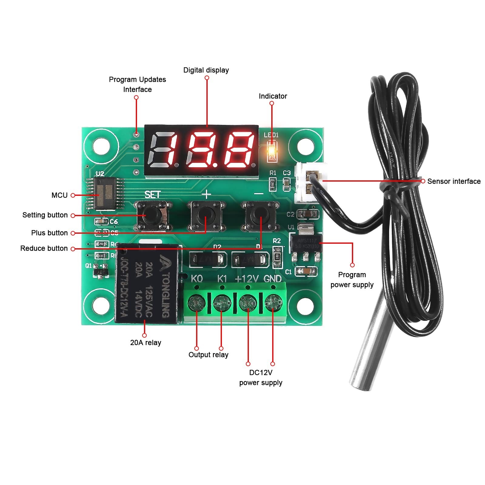 2PCS W1209 Temperature Controller Module,LED Display Digital Thermostat Modul...