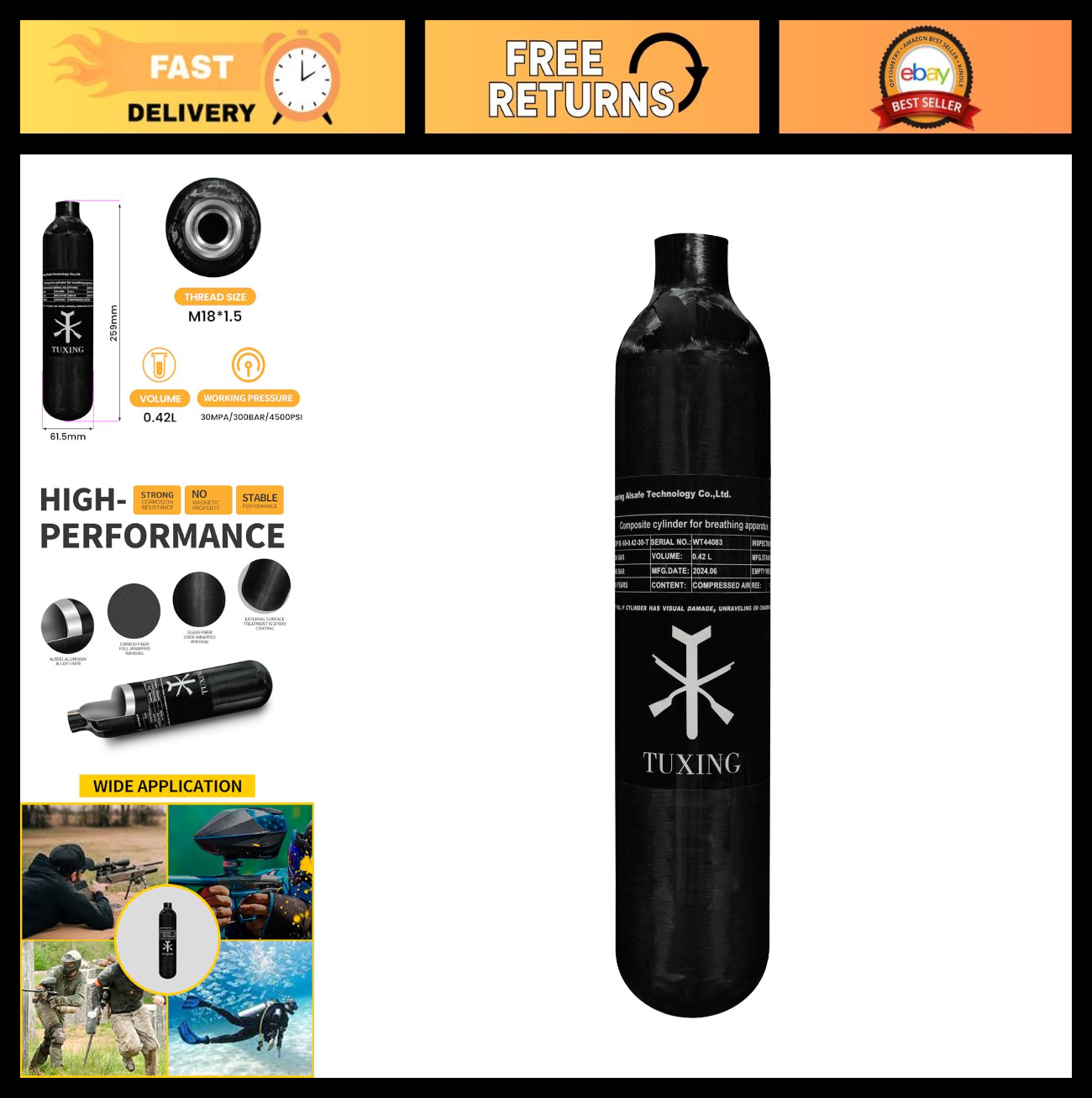 4500 PSI PCP Air Tank 0.42L Carbon Fiber HPA Cylinder for Paintball & Air Rifles