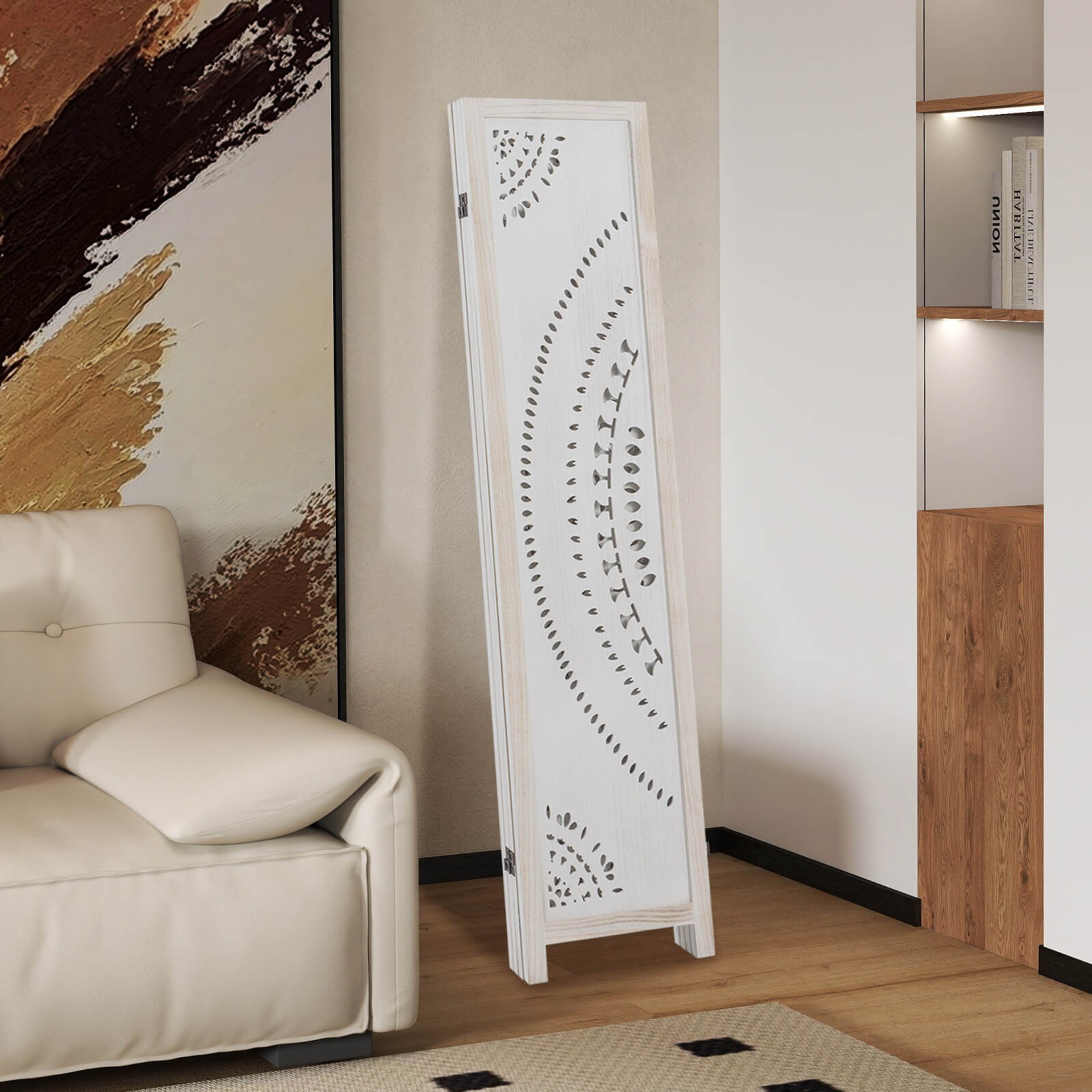 66" Boho 4-Panel Room Divider with Carved Pattern & Solid Wood Frame 360° Hinges