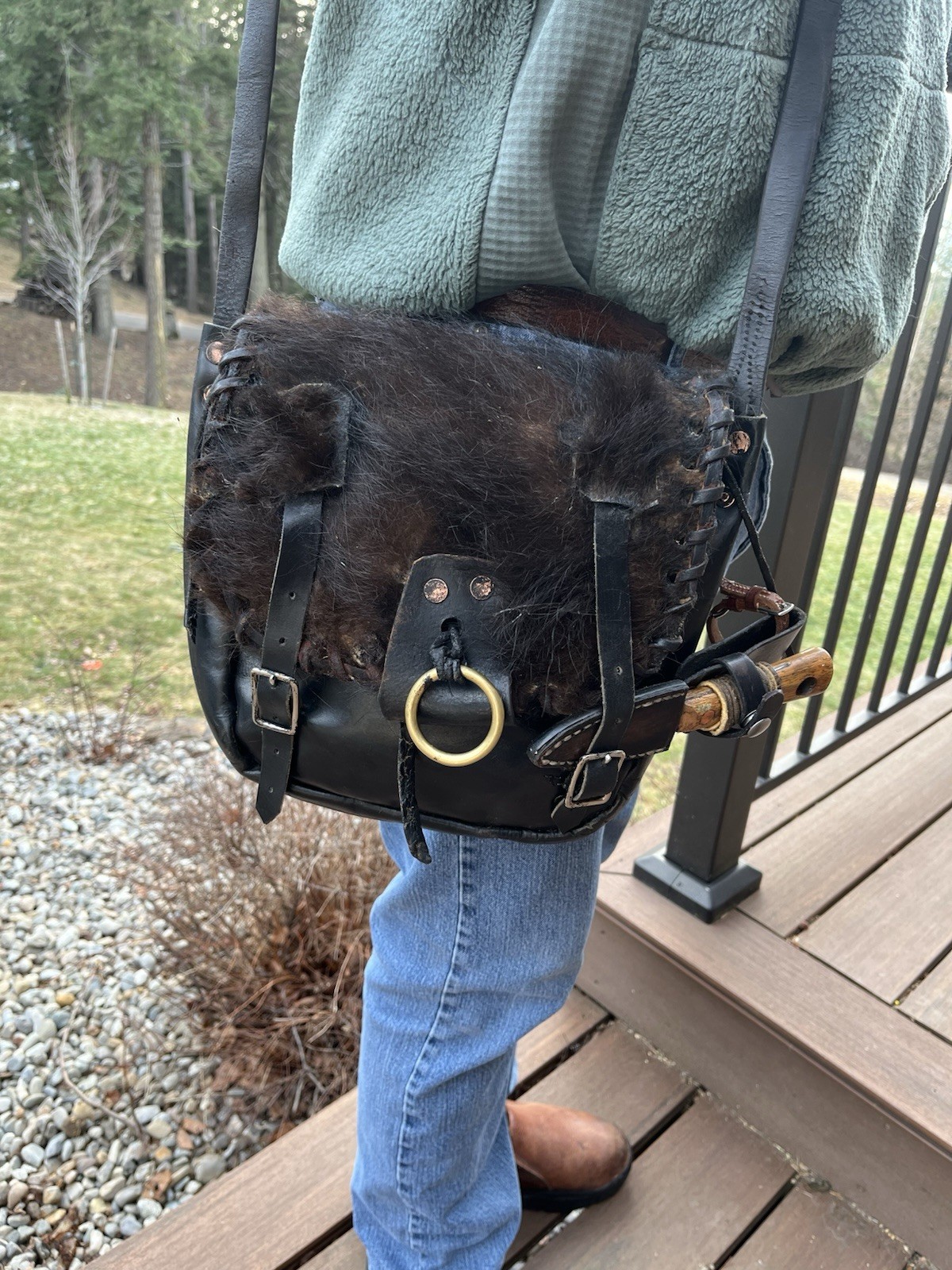 Black Leather Heavy Duty Mountain Man Possibles Bag, Fur, & Custom Patch Knife