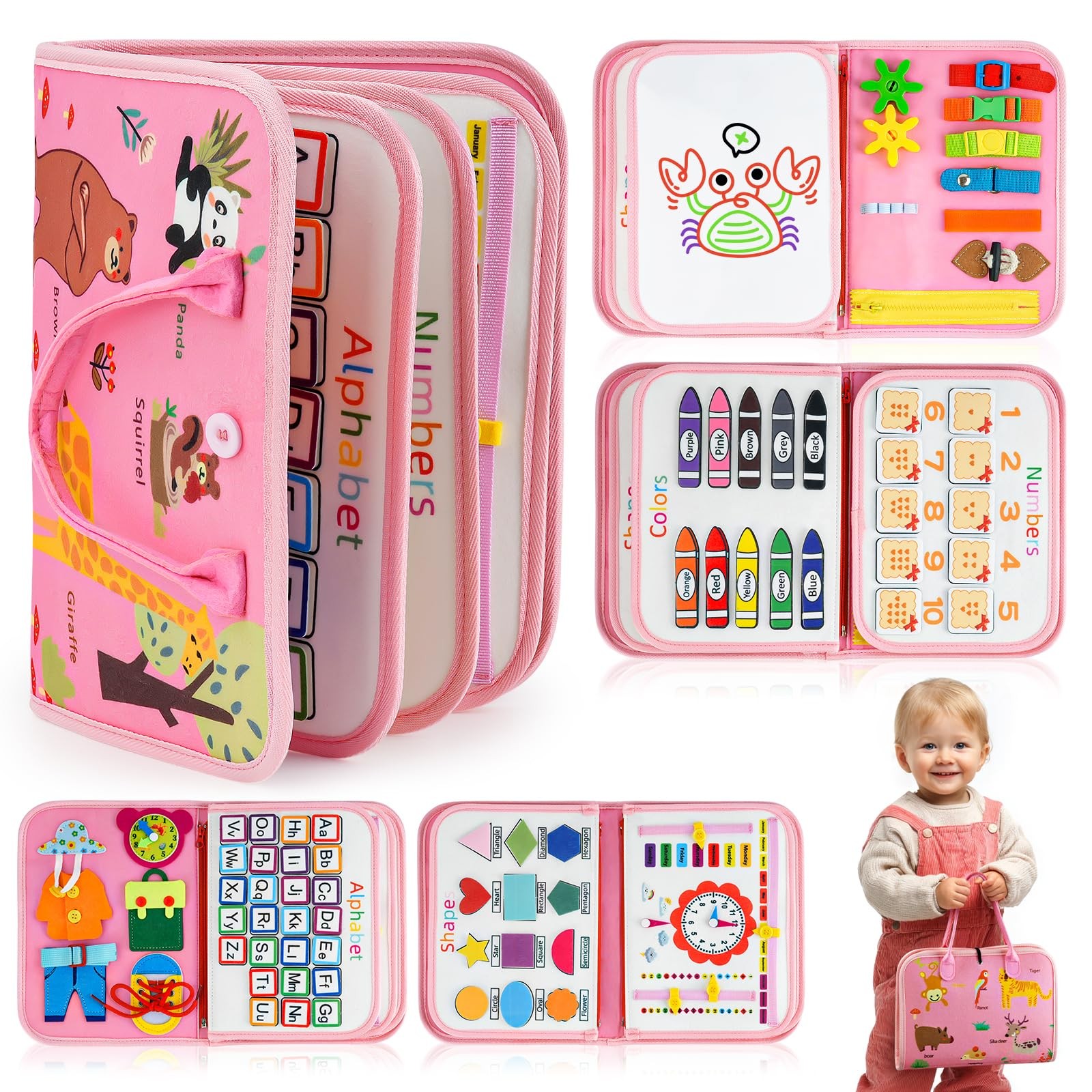 HumorPlay Busy Board Montessori Toys for 1,2,3 Year Old Girl Compact, Pink