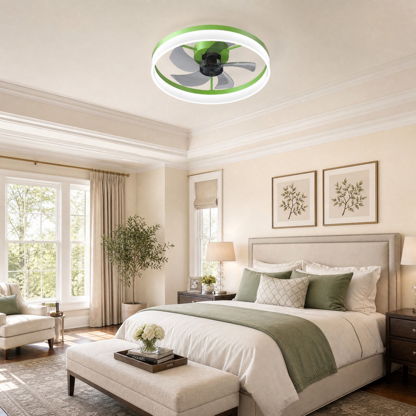 20'' Modern Green Ceiling Fan with LED Light Remote APP Control Flush Mount Kit