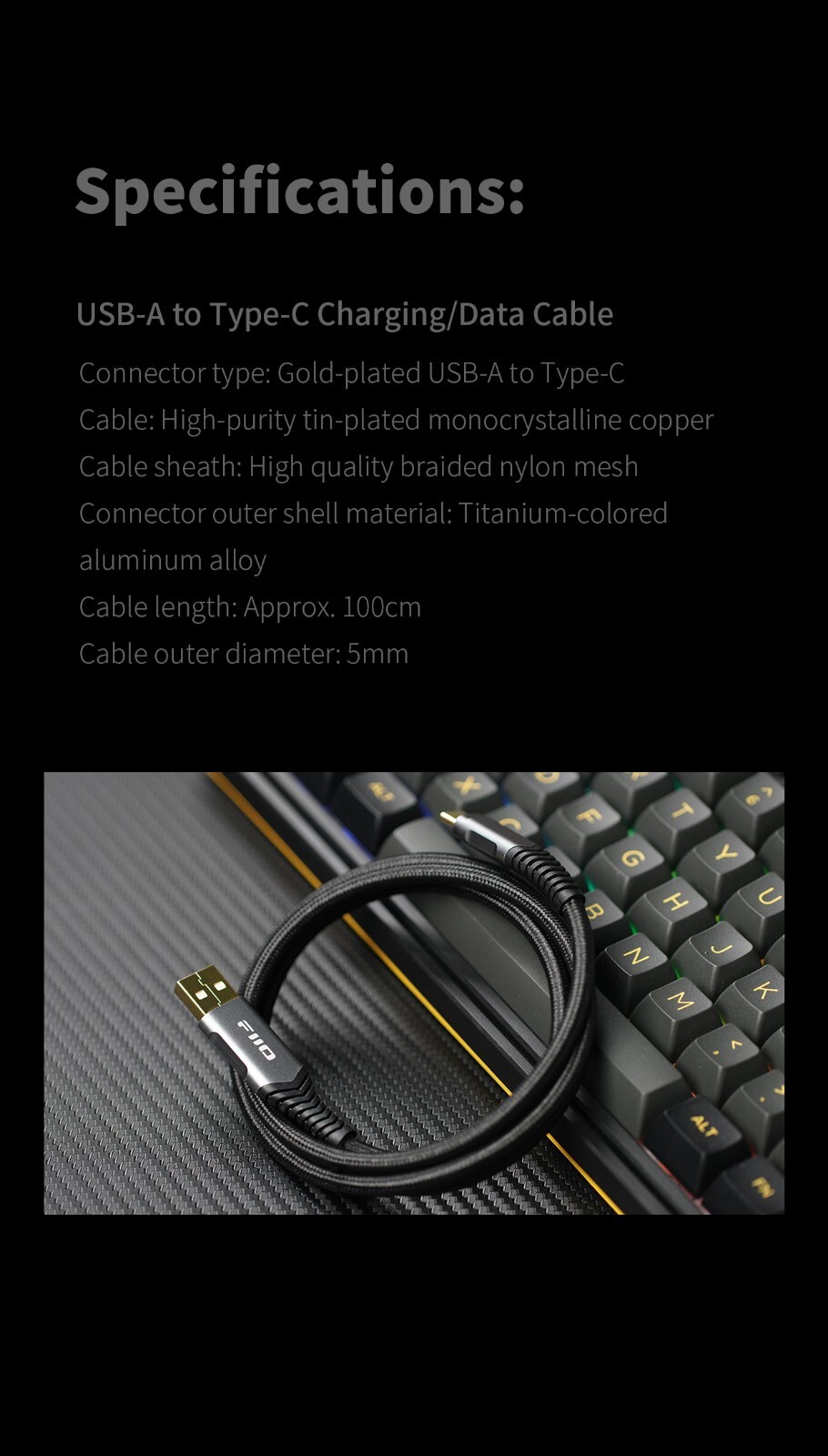 FiiO Gold-Plated LA-TC1 USB-A to USB-C Charging/Data Cable For DAC/AMP, PC