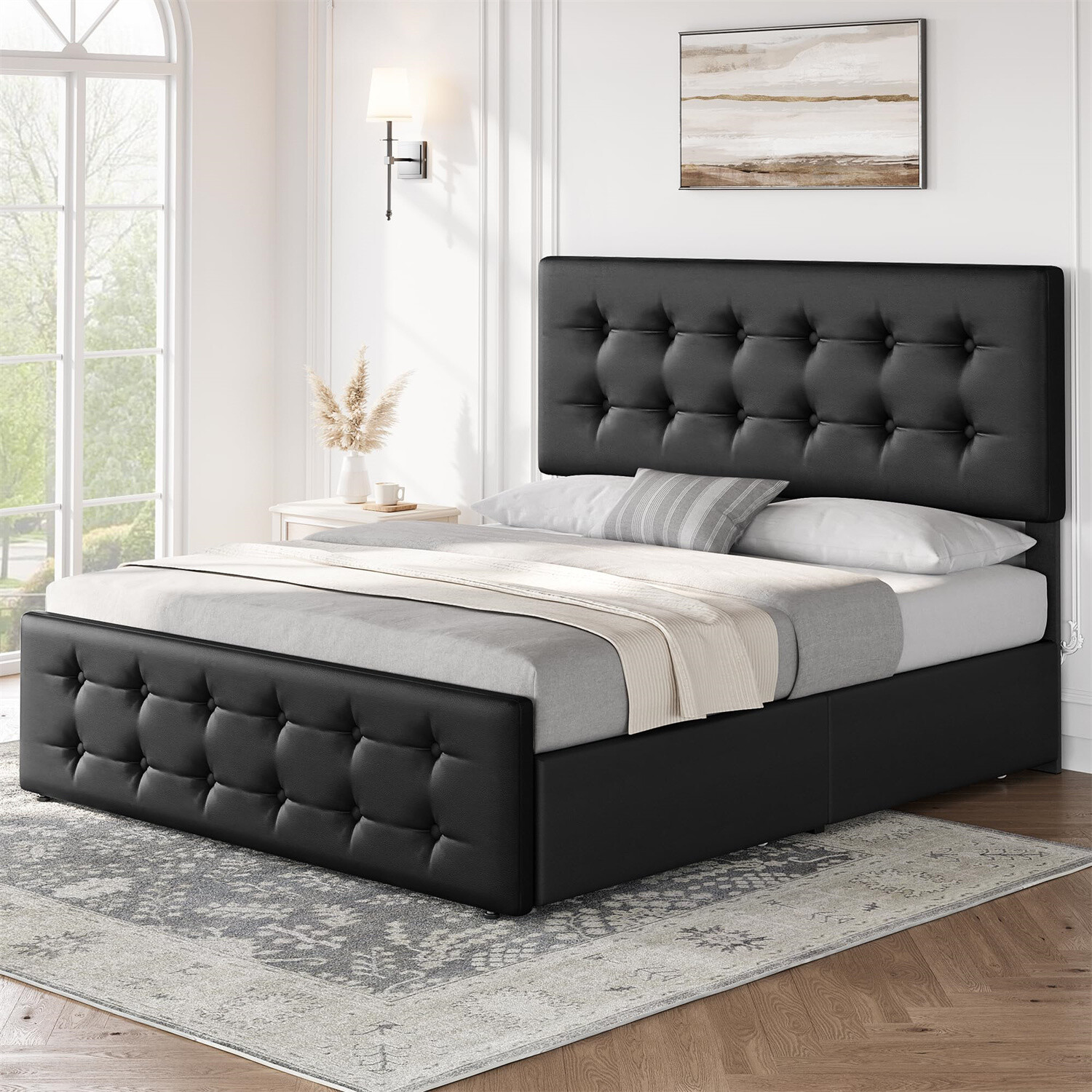 ⭐Full Size Bed Frame with 4 Storage Drawers and Headboard Upholstered Platform U