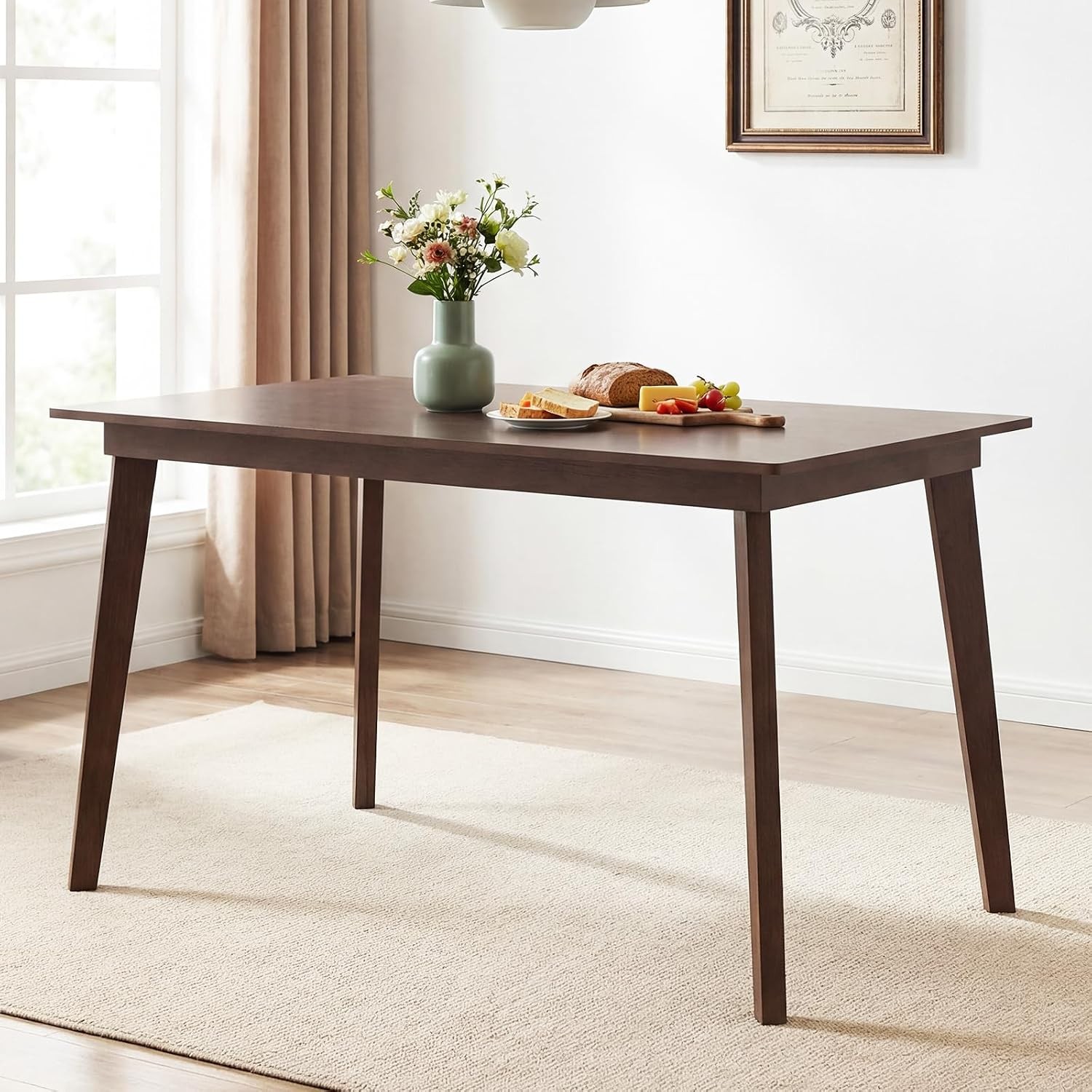 Dining Table for 4, 48" Rectangular Wooden Kitchen Table with Solid Rubber Wood