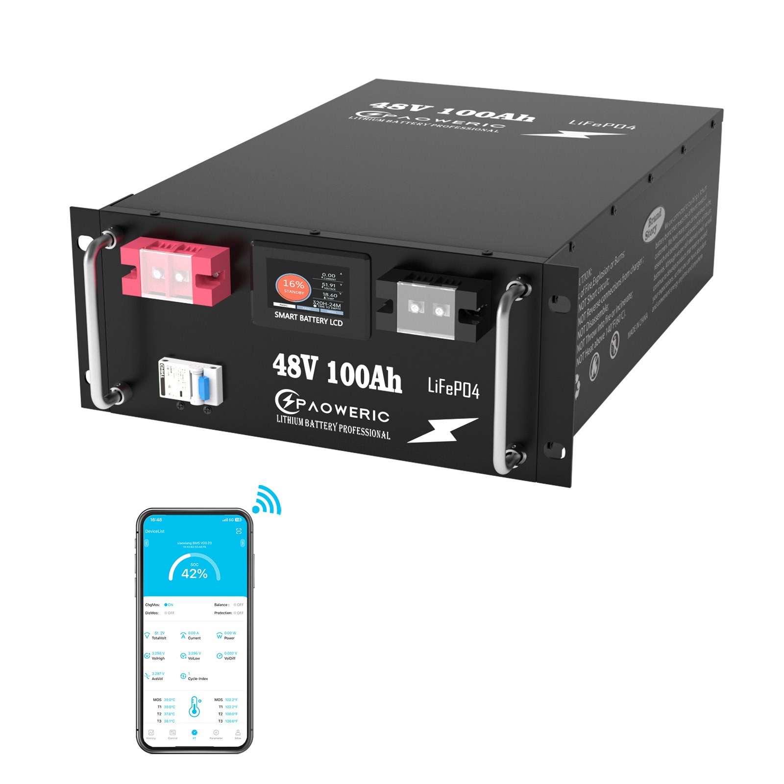 Paoweric 48V 100Ah LiFePO4 Lithium Battery Server Rack Off-Grid Solar 200A BMS