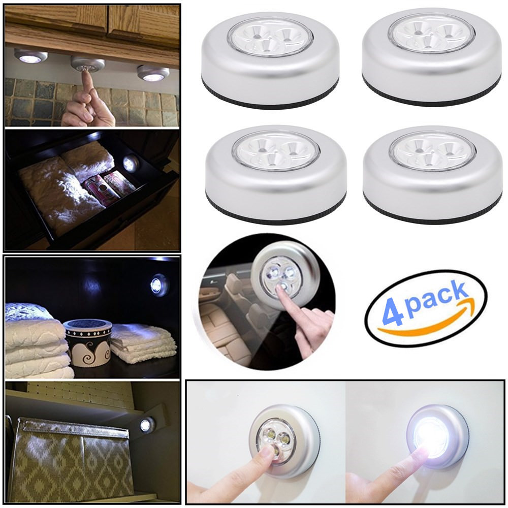 4 PCS 3 LED Touch Push On/Off Light Self-Stick On Click Battery Operated Lights
