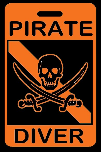 Safety Orange PIRATE DIVER w/ Skull/Crossed Swords SCUBA Diving Gear Bag Tag