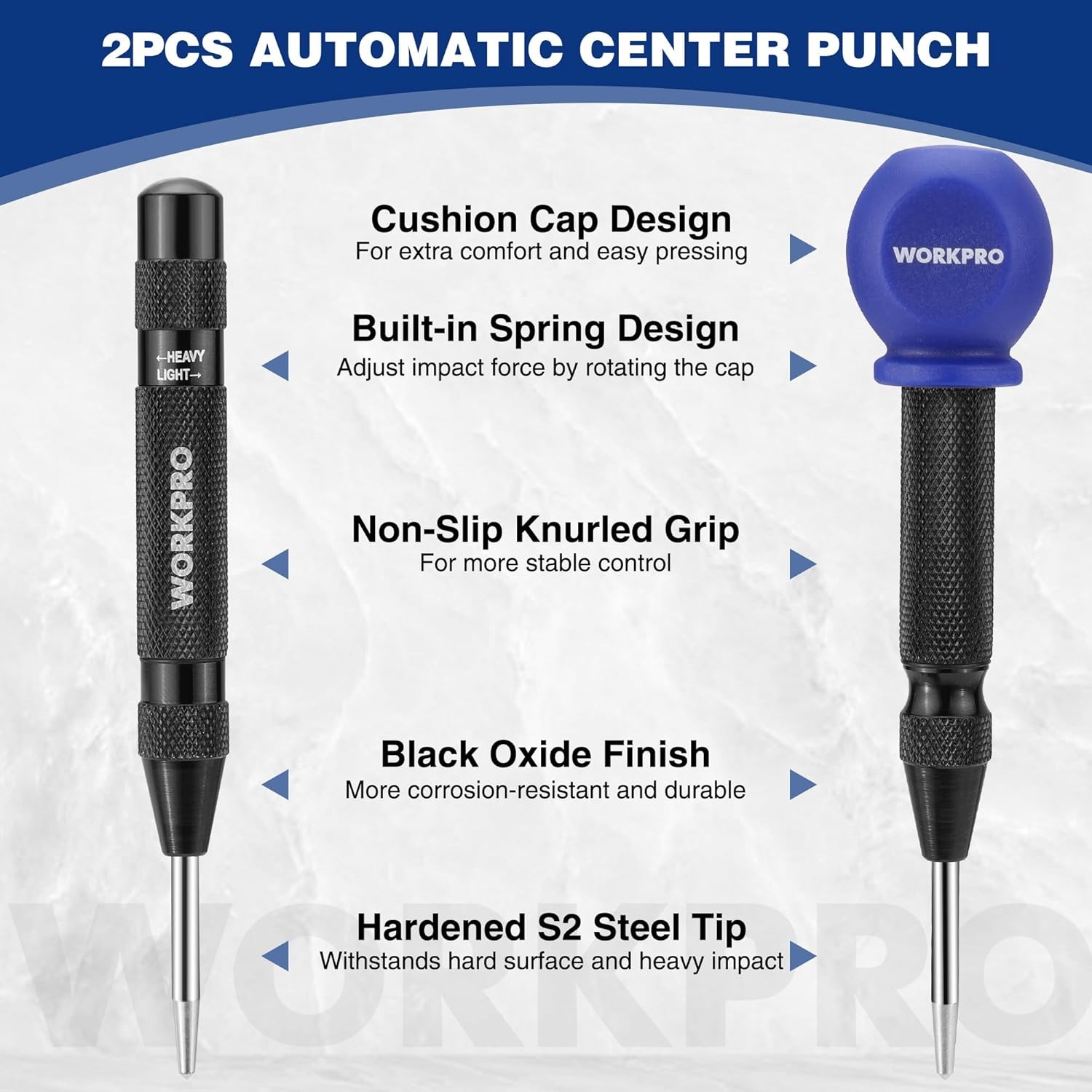 WORKPRO 2PCS Automatic Center Punch with an Extra Replacement Tip, Adjustable Sp