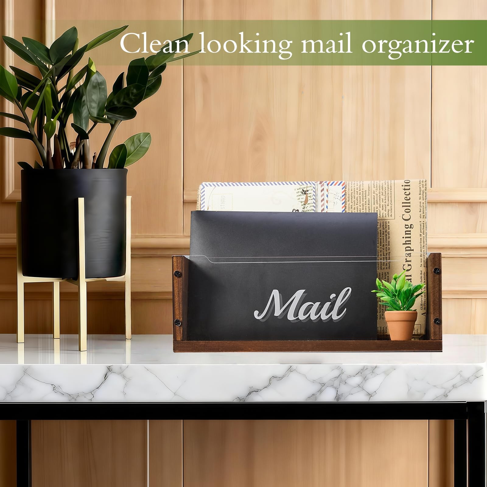 Clear Acrylic Divider 2 Slot Mail Holder Solid Wood Desktop Organizer
