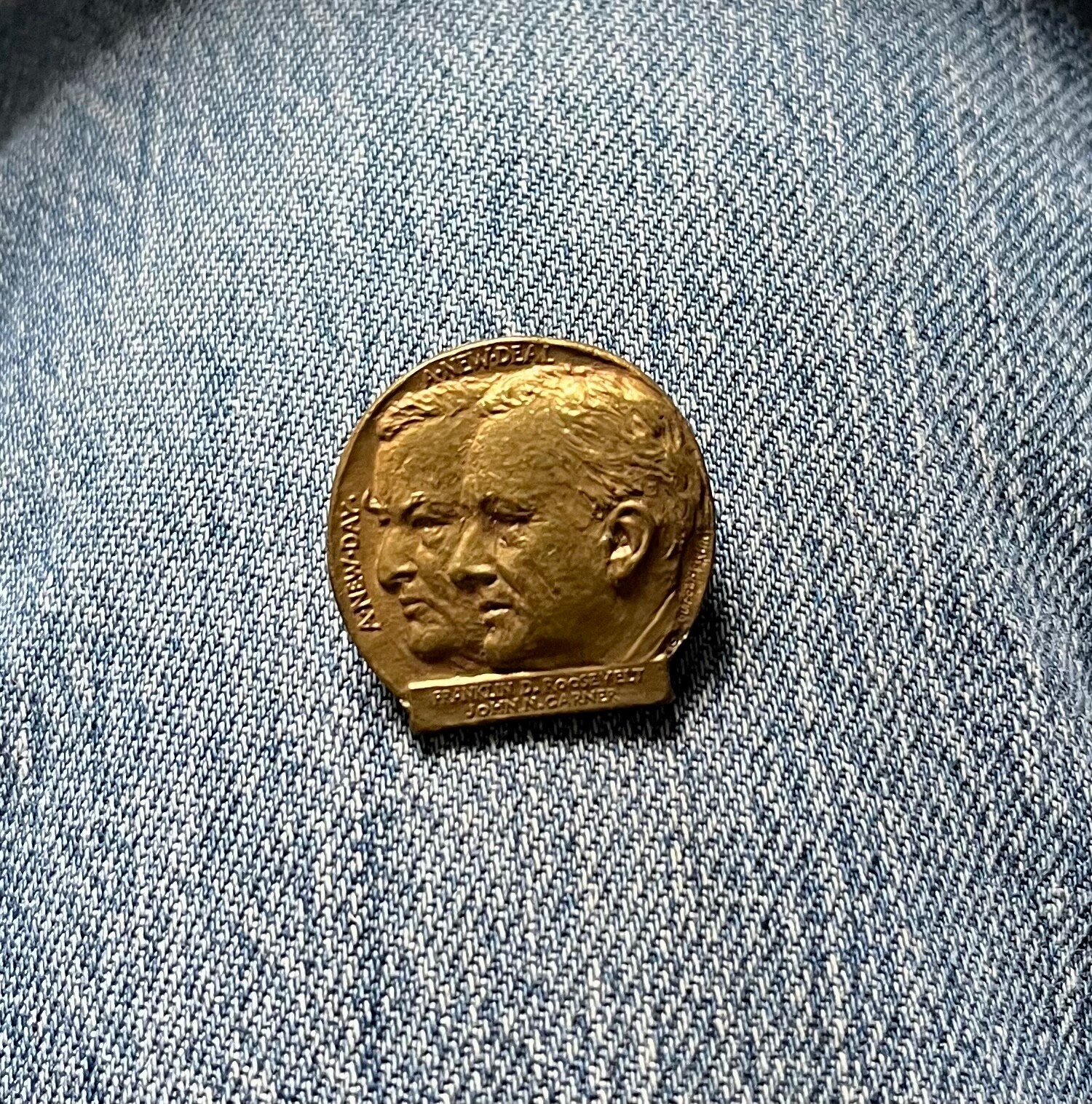 1932  A New Day A New Deal 1" Wide All Metal FDR Garner Pin Ted Hake # 287