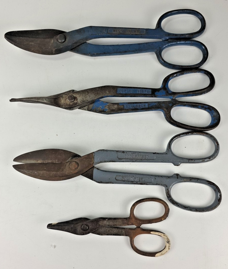 4 Tin Metal Snips Cutters 3 Wiss 12.5" Inlaid USA & 1 from Germany