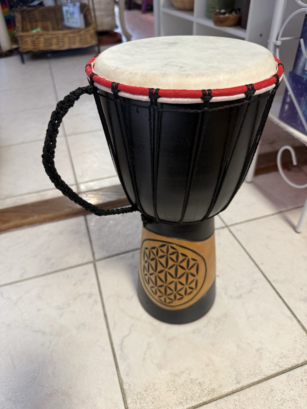 Djembe Carved Flower of LifeBlack Finish