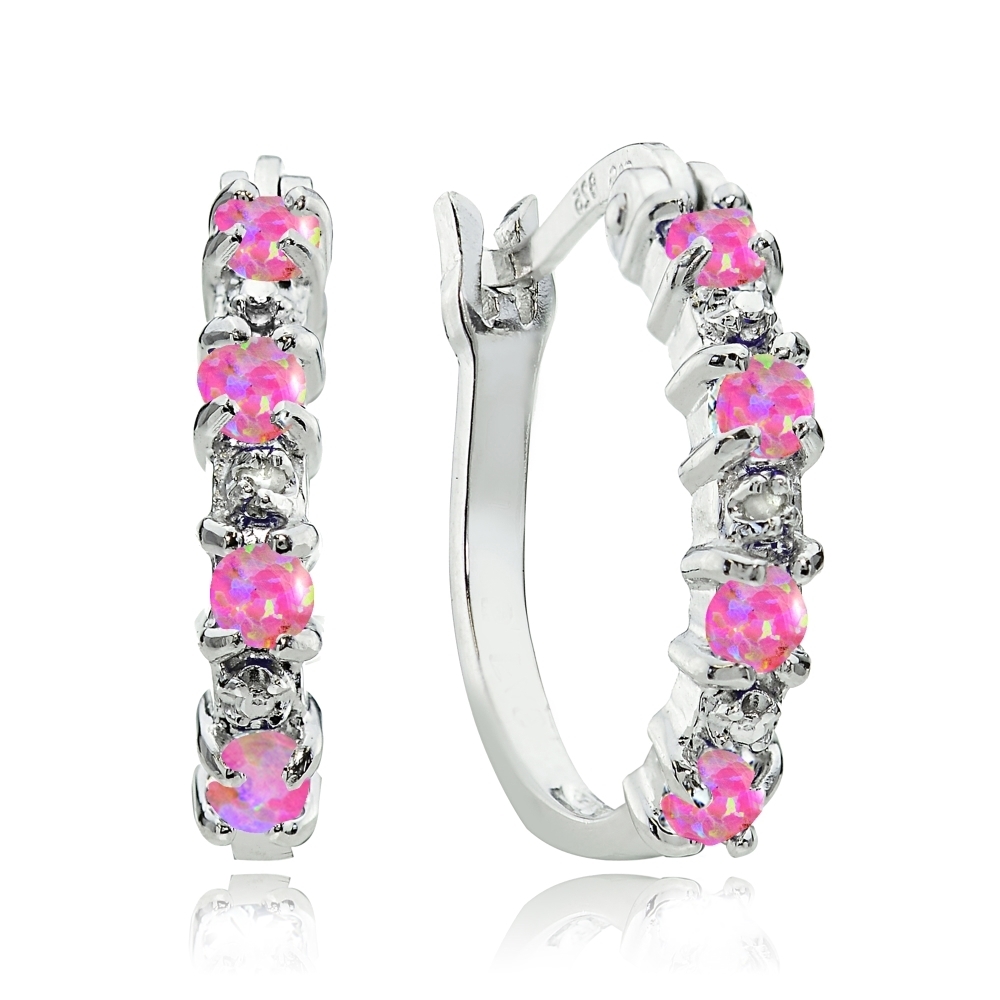 Sterling Silver Created Pink Opal and Diamond Accent Hoop Earrings