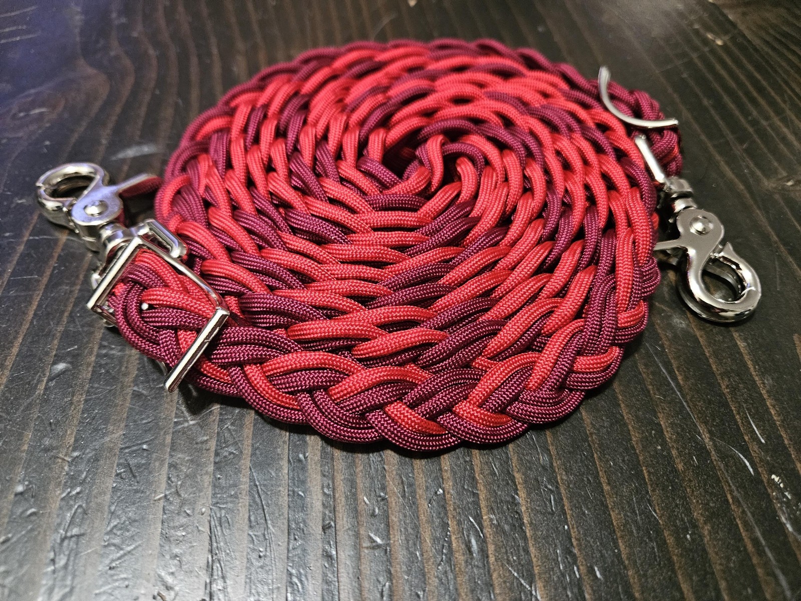 8 Foot Loop Paracord Reins Red and Maroon Barrel Racing Reins