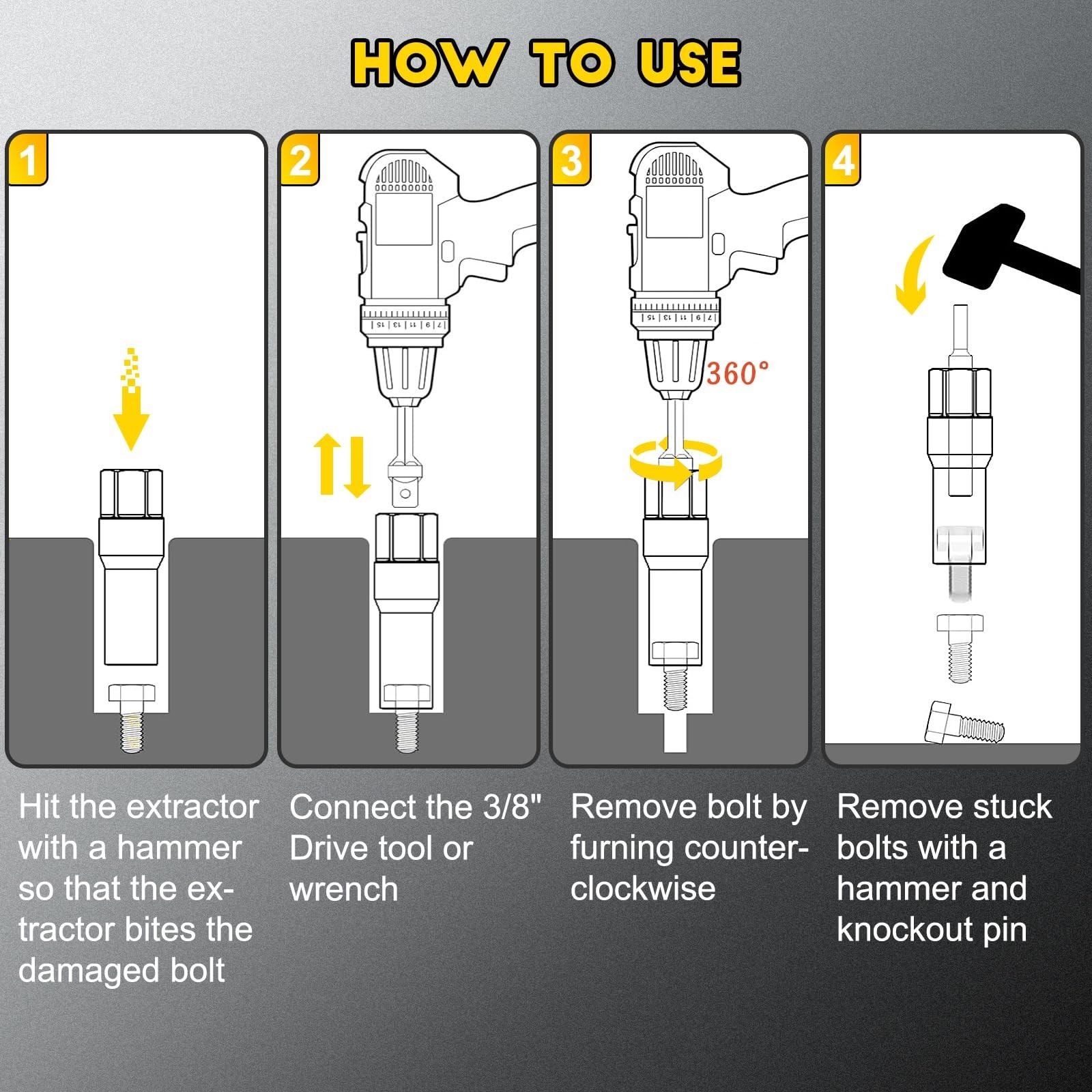 Topec 15PCS Deep Bolt Extractor Kit, 6mm-19mm Nut Extractor Socket Set, 3/8" ...
