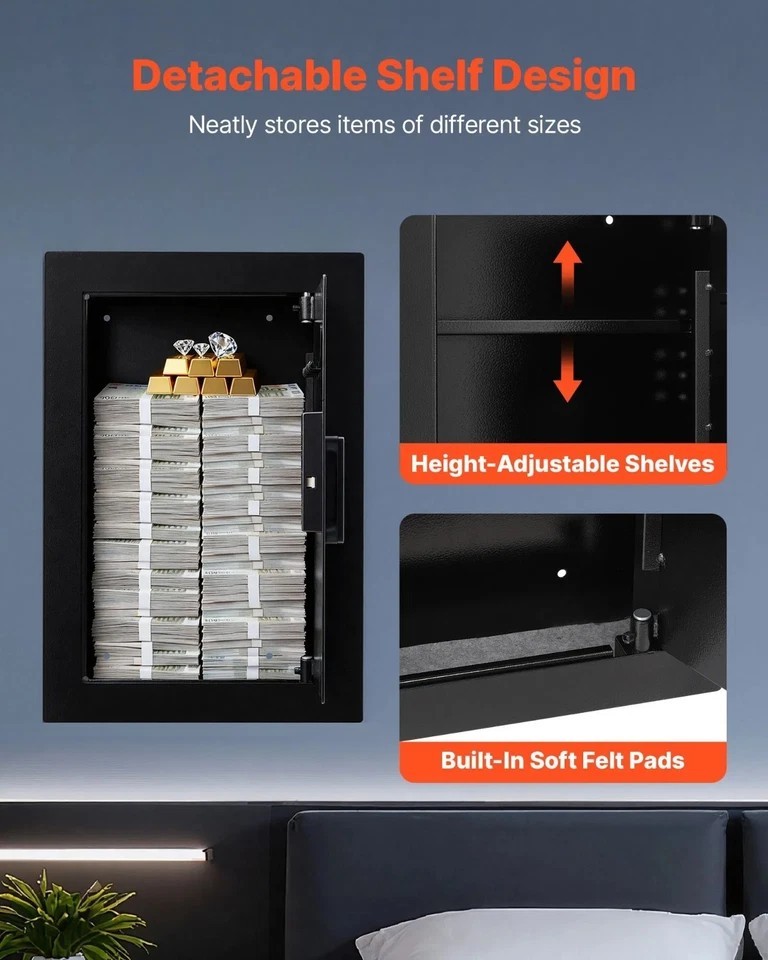 Wall Safe, 3-Tier Hidden Wall Safe with Fingerprint, Password, Key & Turning