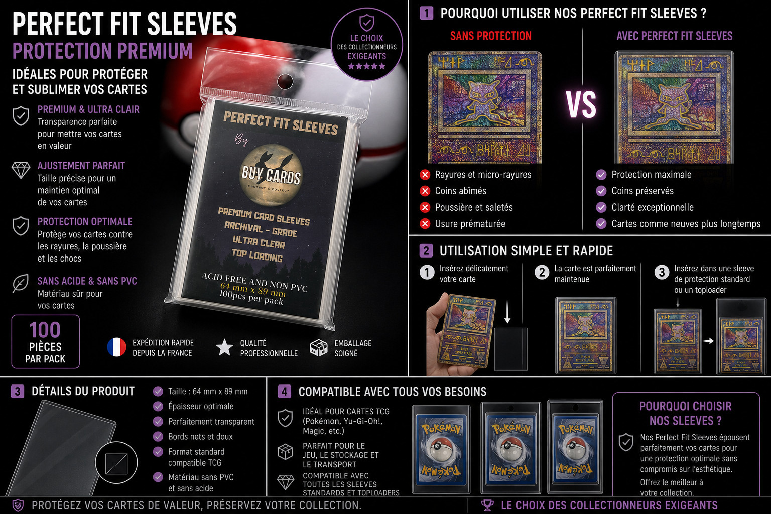 100 Pokemon Yu-Gi-Oh Perfect Fit 64X89MM Sleeve Card Protection Pouches