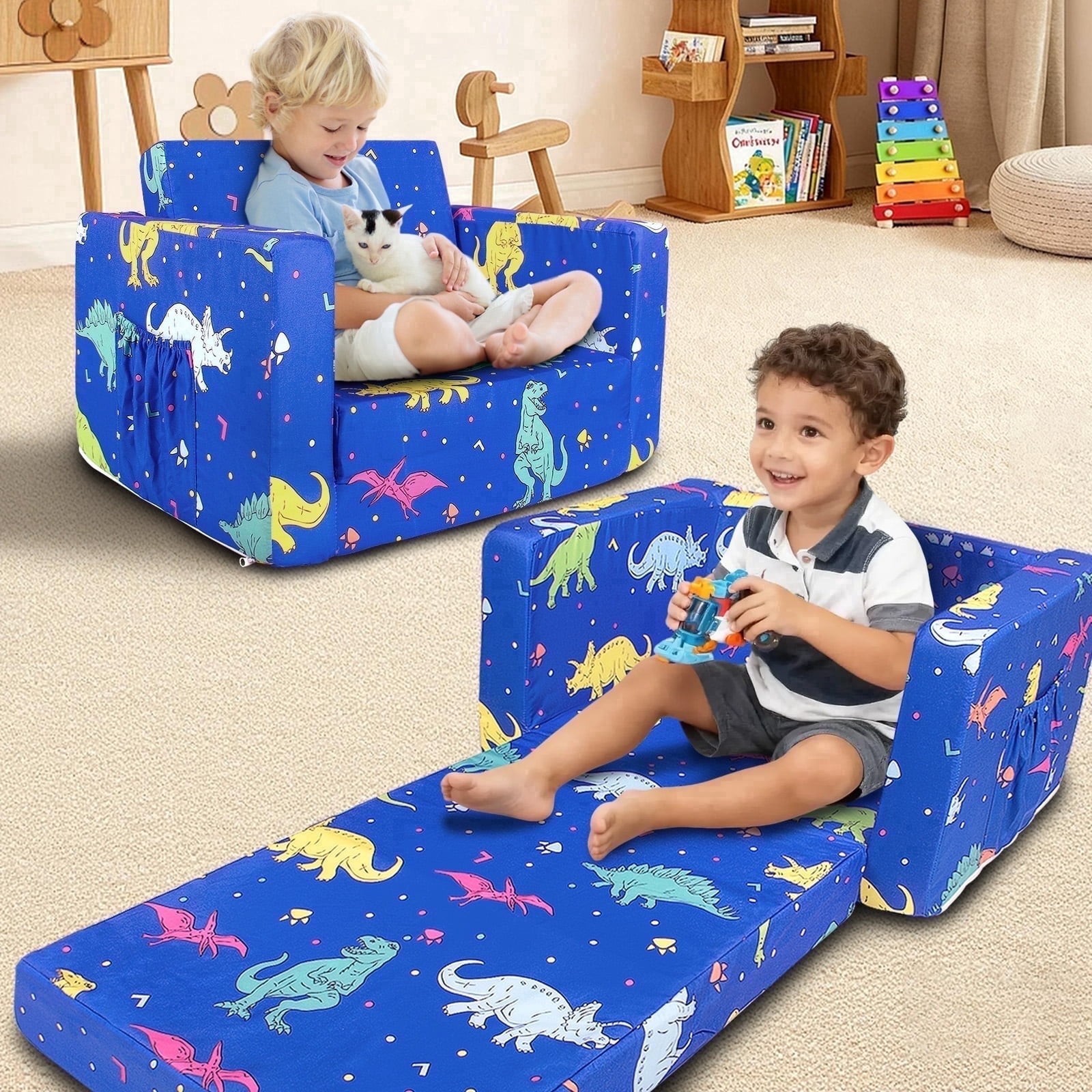 Zenkitch Toddler Sofa, 2-in-1 Cars Flip Open Toddler Couch, with Side Pocket