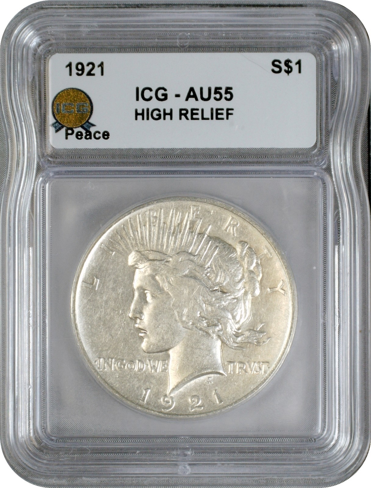 1921 High Relief Peace Silver Dollar S$1  ICG AU55 About Uncirculated