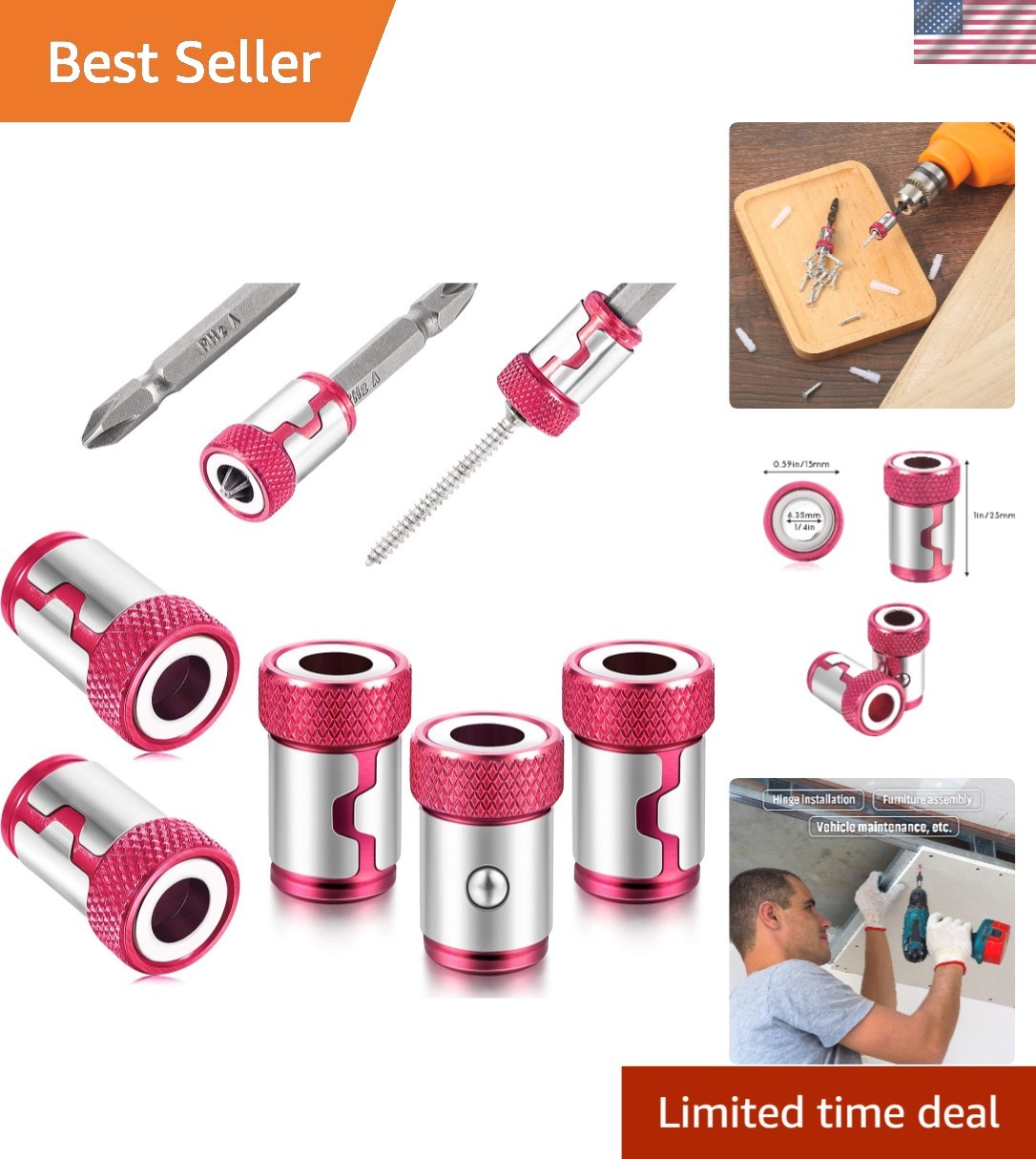 5-Piece Magnetic Screw Ring Set - Durable Aluminum Bit Magnetizers Red