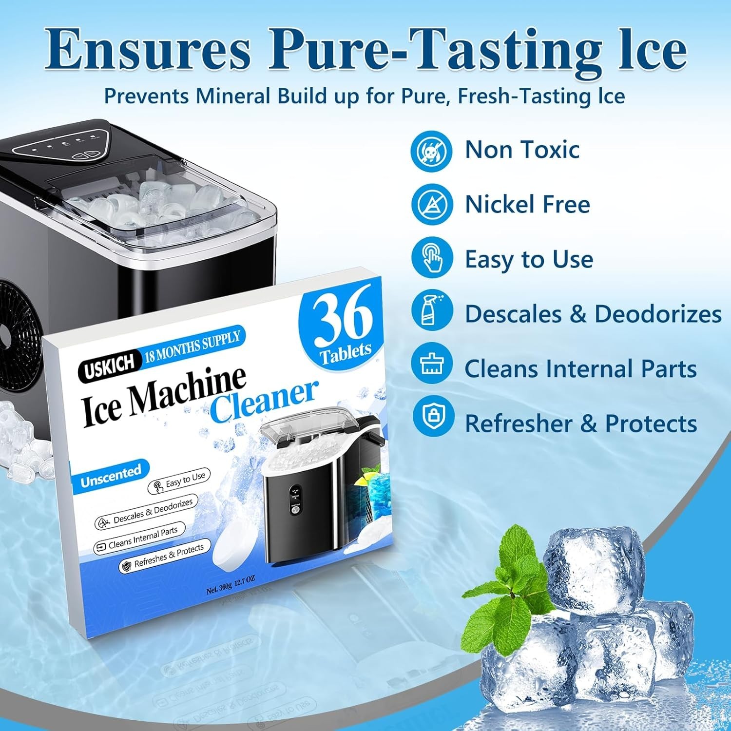 Crystal Clear Ice Maker Cleaner Tablets - 36 Count Compatible with TOP Brands
