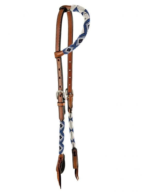 Showman Blue Beaded Single Ear Argentina Cowhide Leather Headstall