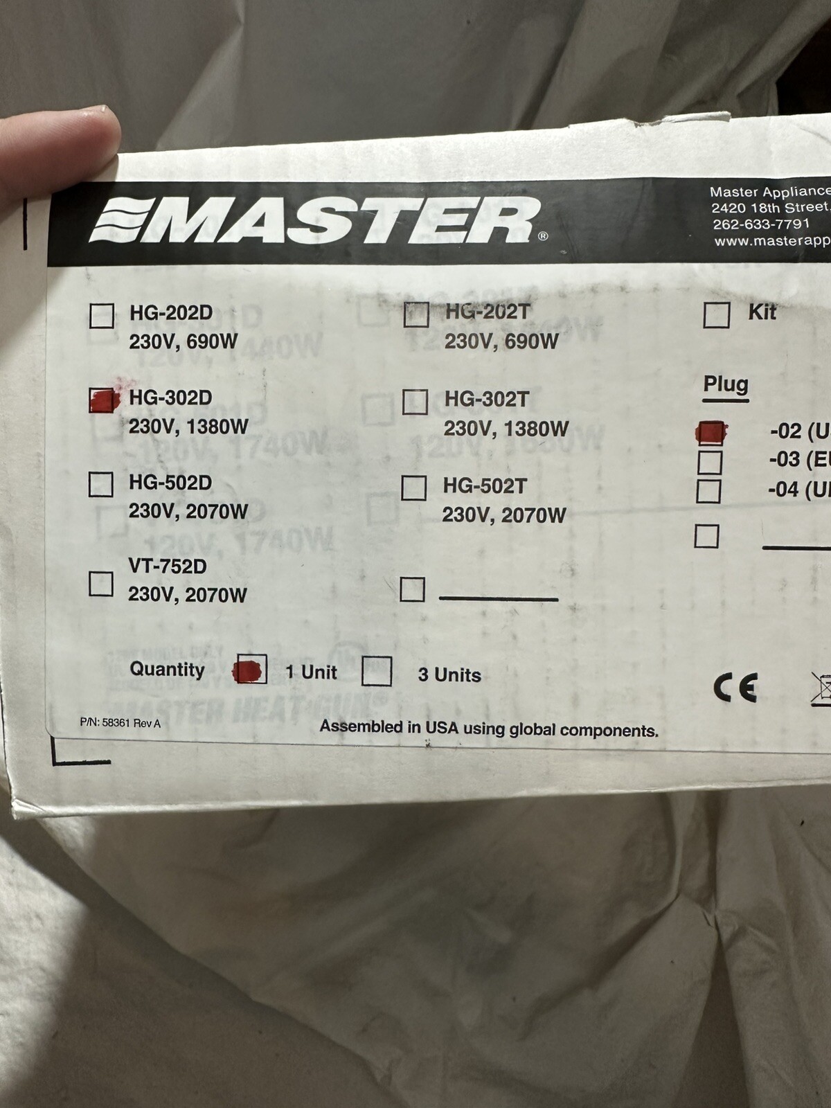 Master Appliance HG-302D Heat Gun, Electric Powered, 220V Ac, Fixed Temp 1a0
