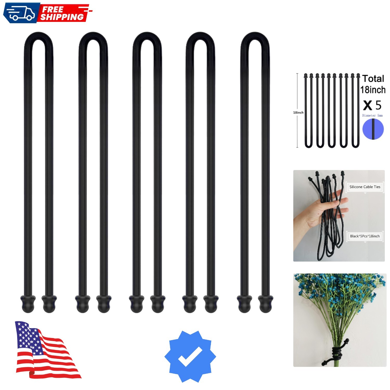 5Pcs 18in Silicone Cable Tie, Cord Organizer for Bundling Earphone, Computer ...