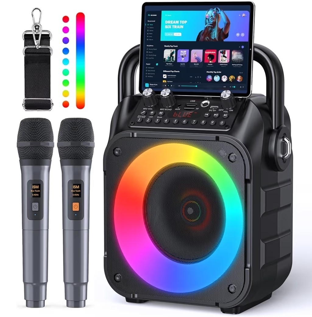 Karaoke Machine, Portable Bluetooth Speaker with 2 Wireless Microphones