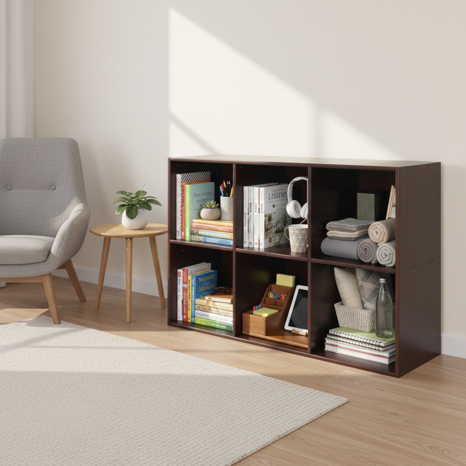 6-Compartment Wood Bookcase Storage Shelving Book Wide Bookshelf 90*30*60cm