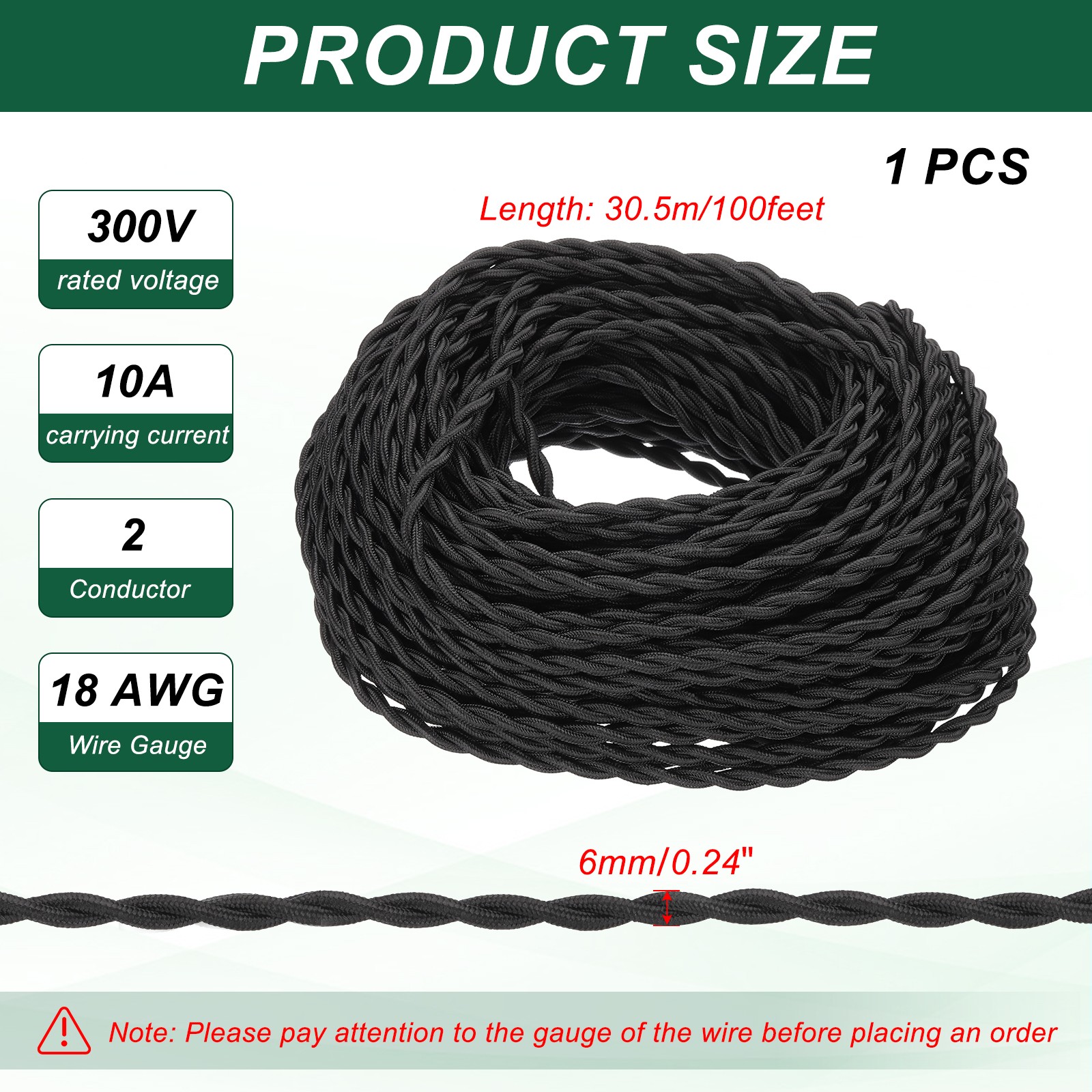 100ft 18AWG 2-Conductor Twisted Cloth Covered Wire Black