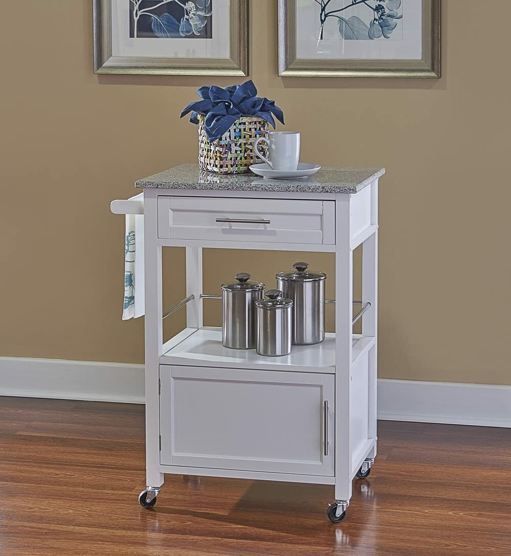 White Granite Top Kitchen Cart Island Rolling Storage Prep Table Utility Cabinet