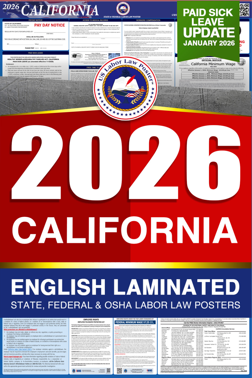 2026 California CA LABOR LAW POSTER (Federal & State) English Laminated