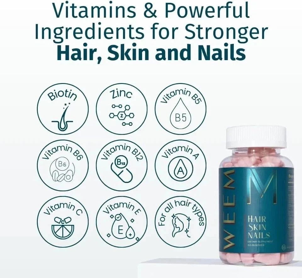 WEEM Hair Skin and Nails Gummies, Vegan biotin Vitamins, Healthy Hair- Pack of 5