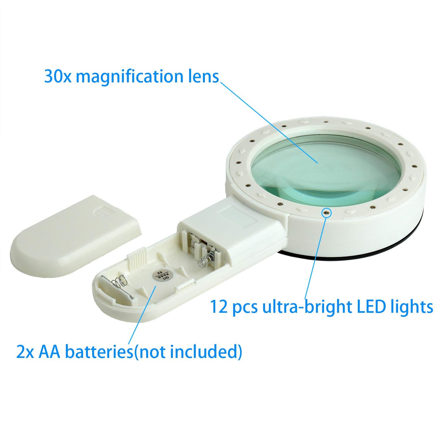TMANGO Magnifying Glass with Light, 30X Handheld Large White